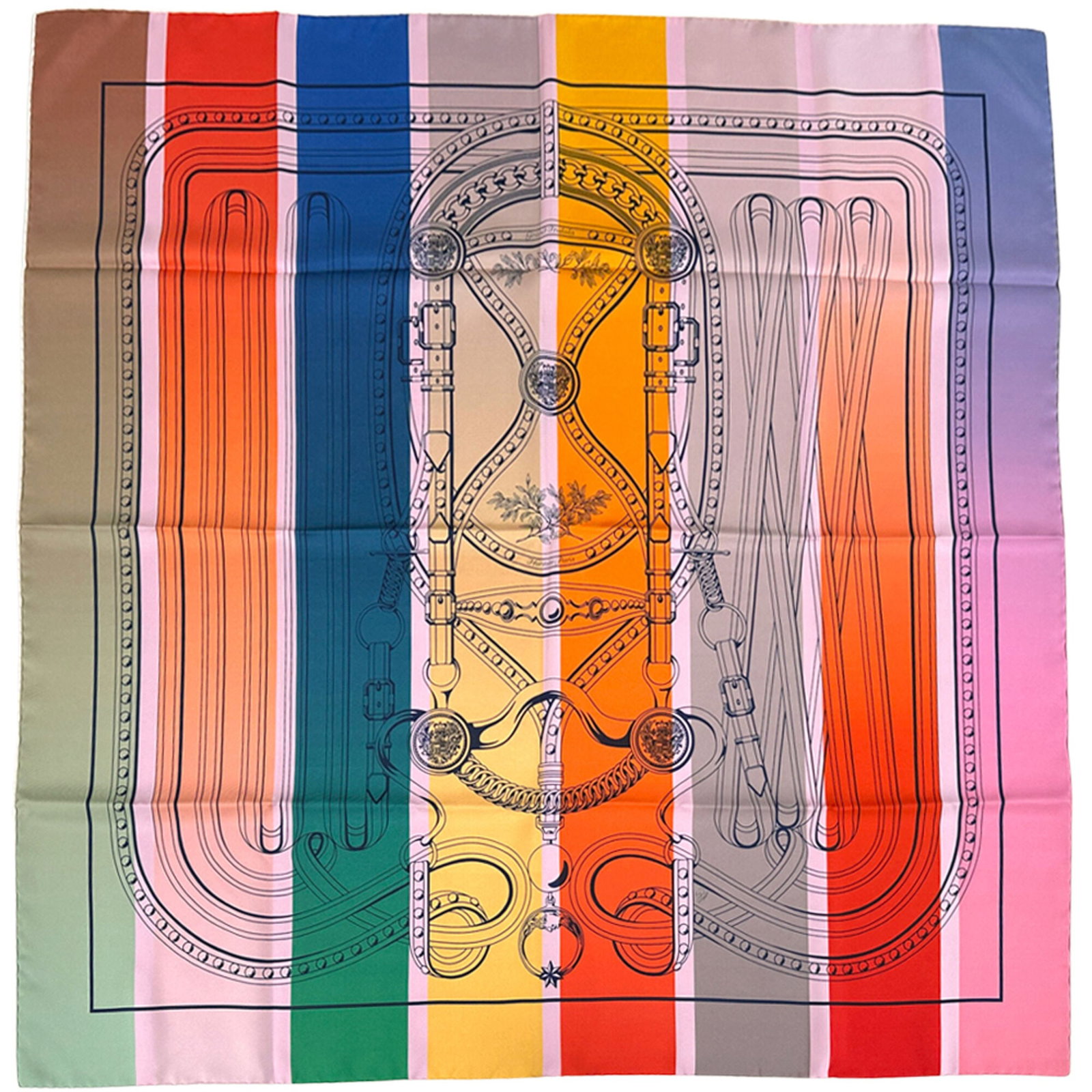 Hermes Silk Scarf: Hermes Silk Scarf Silk from France, this Hermes scarf measures 90cm x 90cm and features a blue, multi-color, pink design. Made from high-quality silk, its vibrant colors are sure to add a pop of style