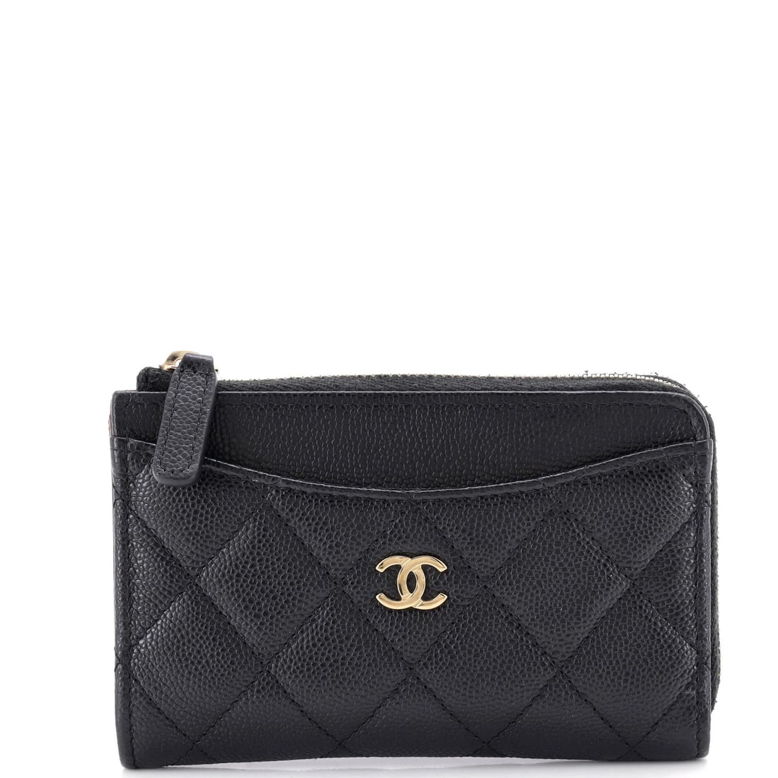 Zip around quilted card holder caviar: Zip around quilted card holder caviar Zip around quilted card holder caviar in black leather, featuring gold tone hardware and burgundy interior. This quilted design adds a touch of luxury to everyday