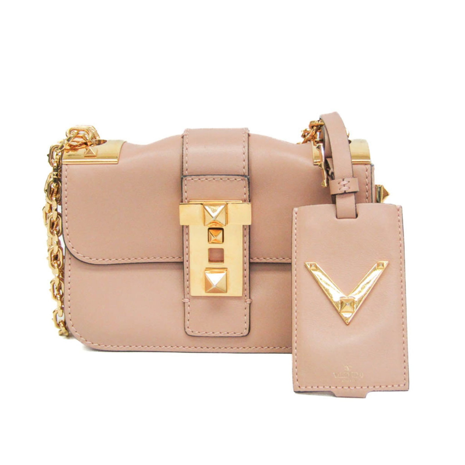 Valentino Garavani Shoulder Bag Leather: Valentino Garavani Shoulder Bag Leather The Valentino Garavani Rockstud Chain shoulder bag in pink beige leather features a sleek design with gold hardware, making it a stylish and sophisticated acces