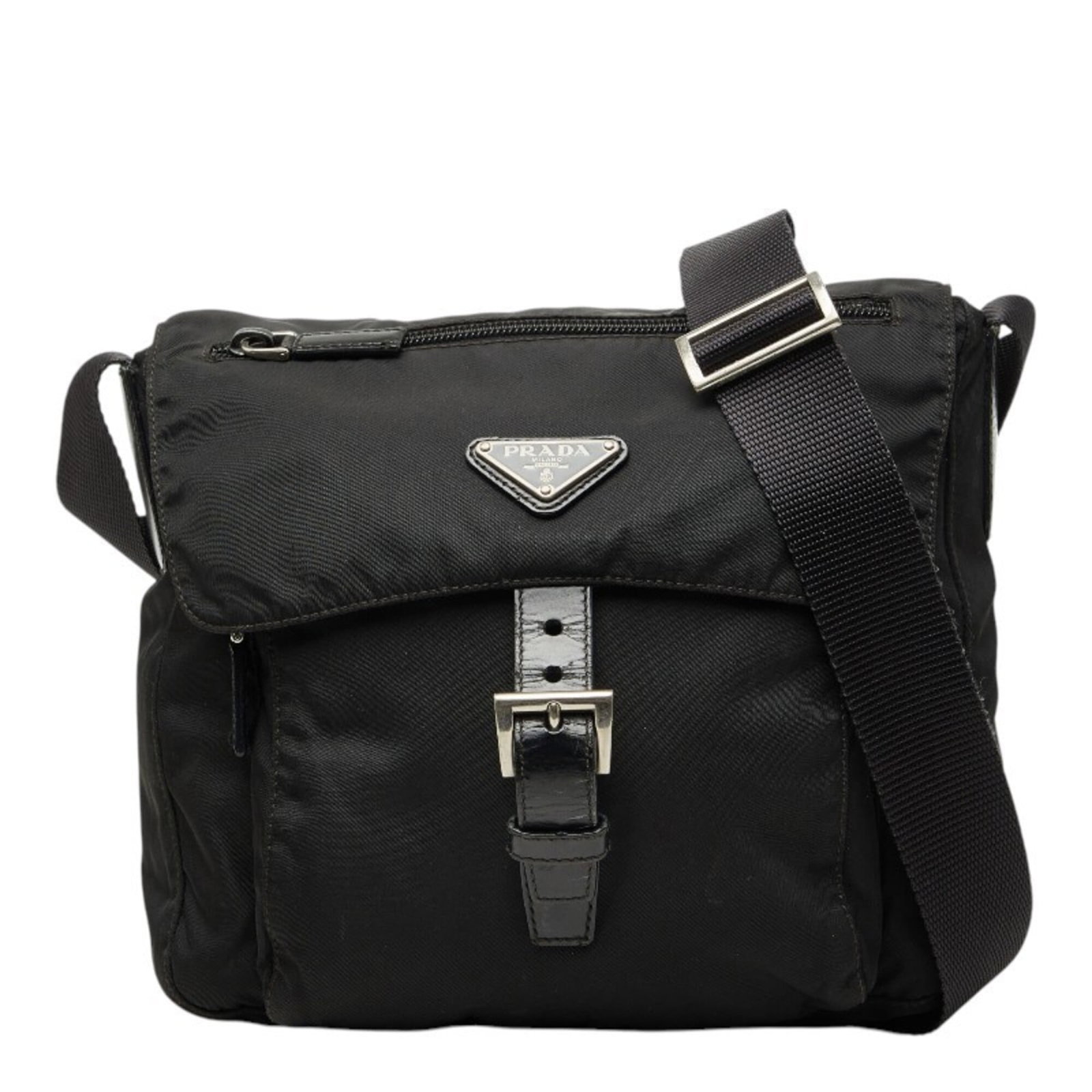 Shoulder Bag Nylon Leather by Prada: Shoulder Bag Nylon Leather by Prada Prada's Shoulder Bag Nylon Leather features a striking combination of nylon and leather materials, crafted into a sleek black design. Measuring 21cm x 21cm x 9cm, t