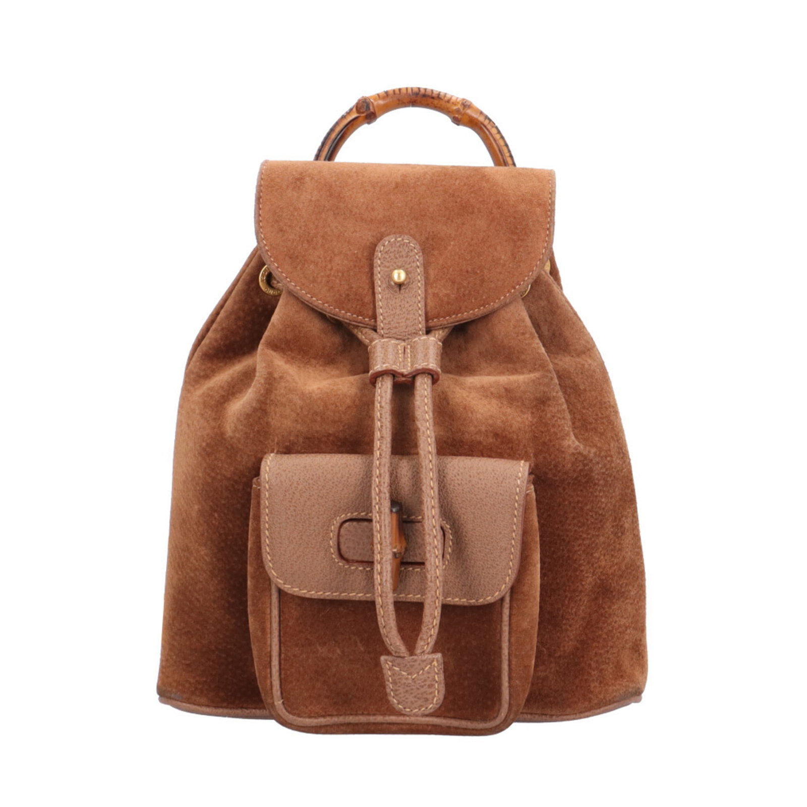 Suede Leather Backpack: Suede Leather Backpack Suede leather backpack from Gucci, featuring a classic brown color and sleek design. Made with high-quality suede and leather materials, this stylish bag measures 24cm x 22cm x 