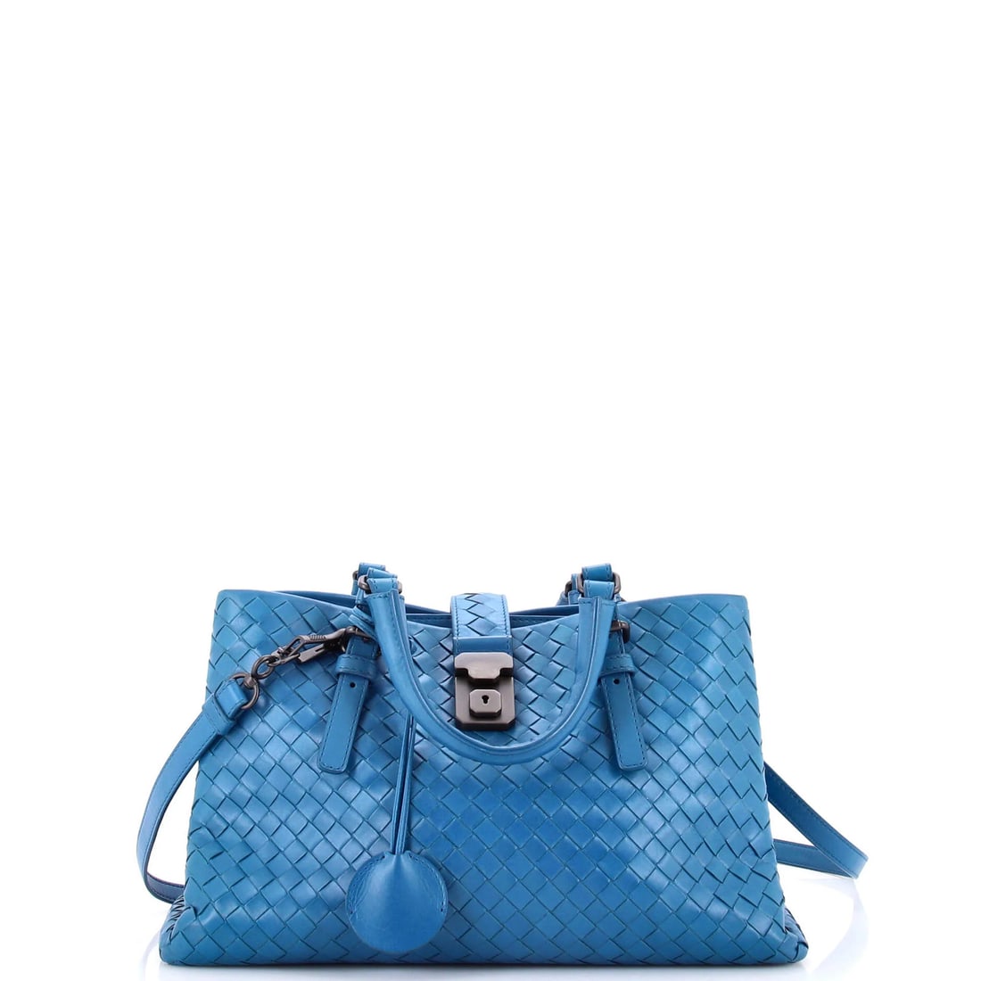 Intrecciato Roma Bag Nappa Small Bottega: Intrecciato Roma Bag Nappa Small Bottega The Bottega Veneta Intrecciato Roma Small Nappa Bag boasts an alluring blue hue and signature interlocking woven leather design, characteristic of the iconic b