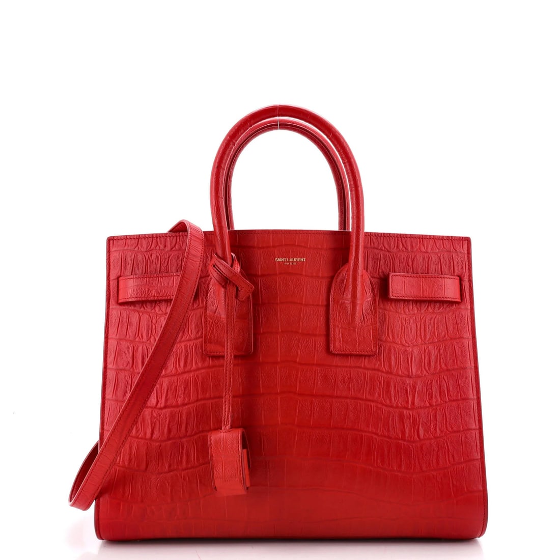 Crocodile Embossed Leather Small Saint Laurent Sac de Jour Bag NM: Crocodile Embossed Leather Small Saint Laurent Sac de Jour Bag NM Red Crocodile Embossed Leather Sac de Jour Small Saint Laurent Satchel in Near Mint Condition. This small Saint Laurent bag features