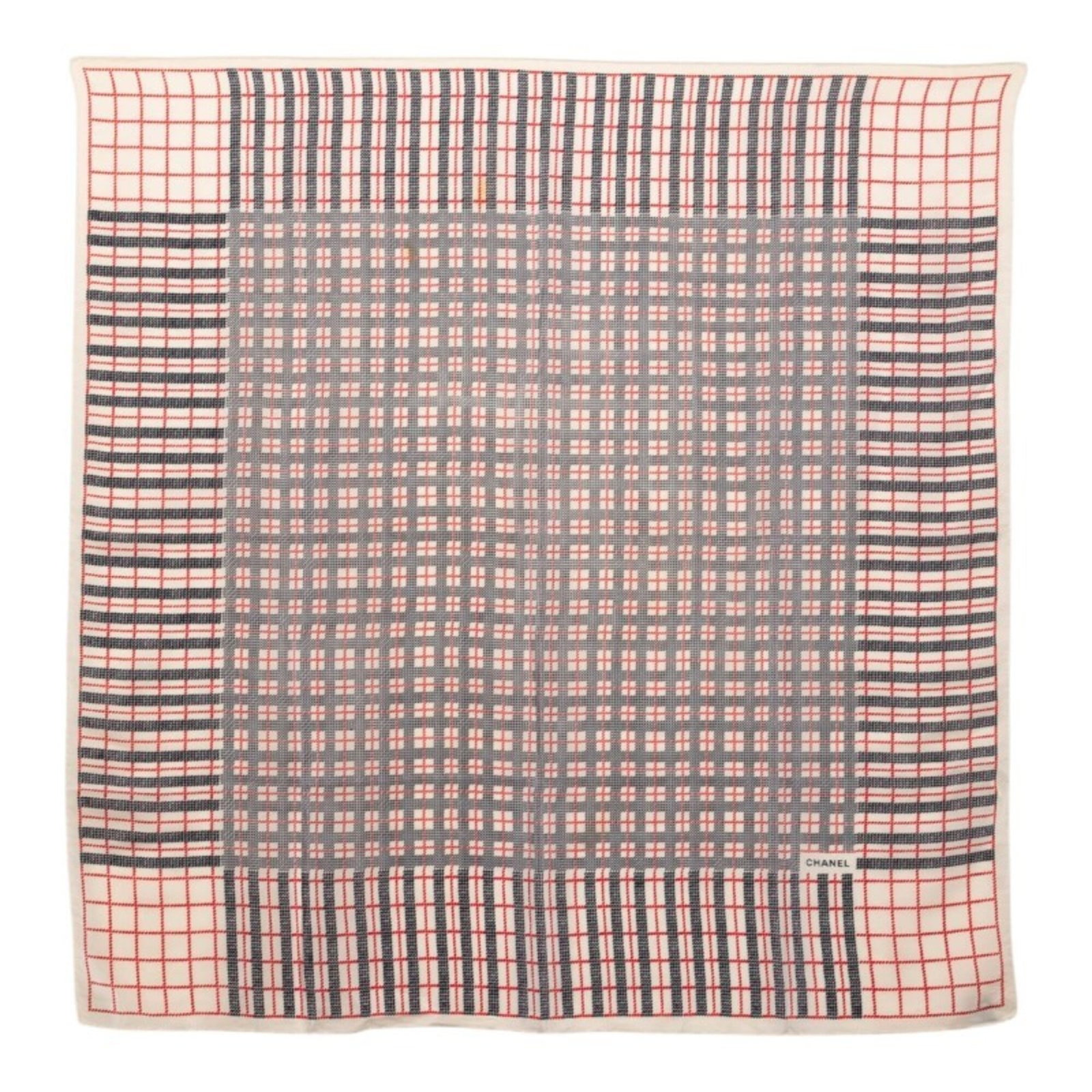 Chanel Silk Scarf: Chanel Silk Scarf Silk scarf in beige and multi-color design from the renowned French fashion house Chanel, measuring 85cm x 82cm. Made from high-quality silk, this luxurious accessory adds a touch