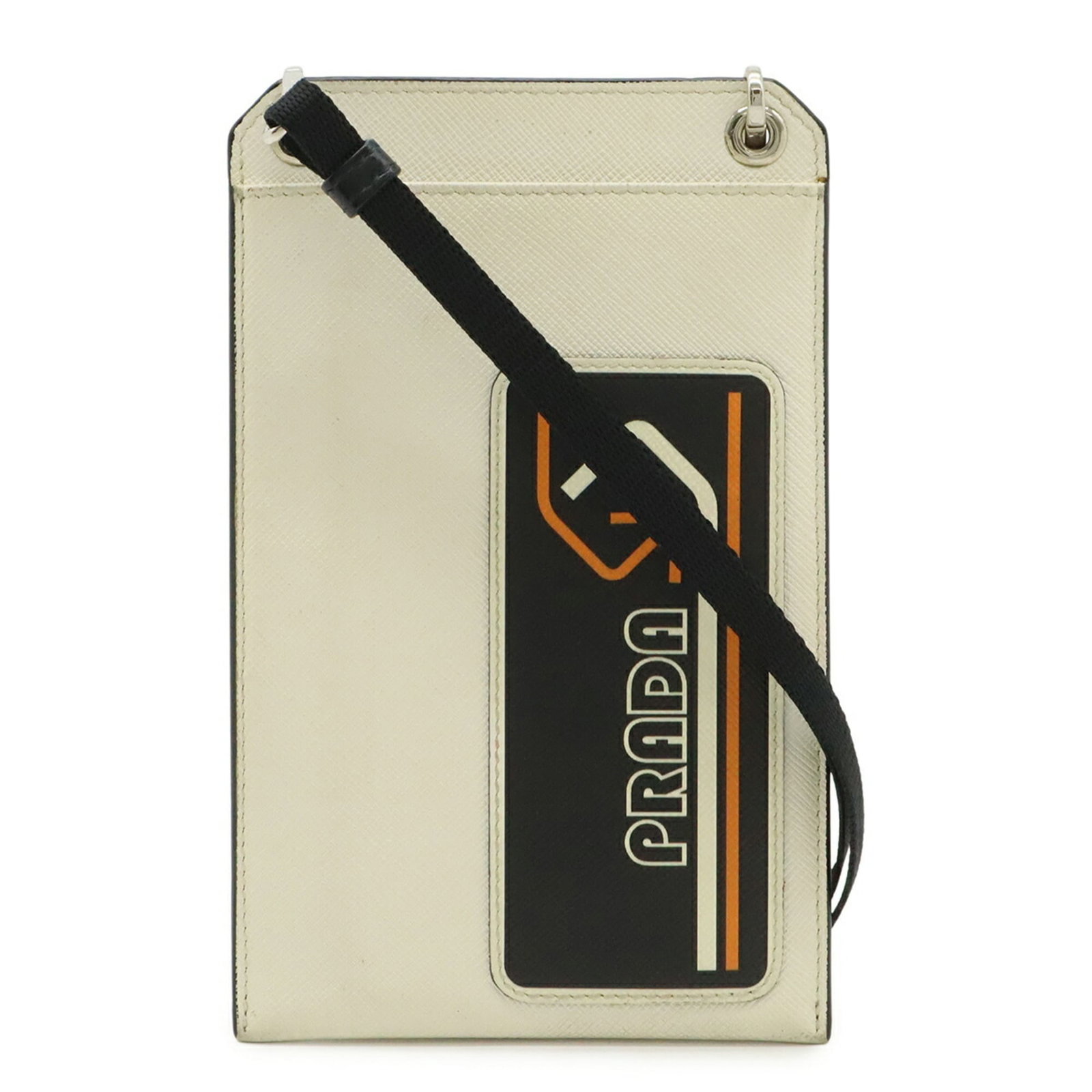 Leather sleeve pouch from Prada: Leather sleeve pouch from Prada The Prada leather sleeve pouch boasts sleek black and white tones, crafted from high-quality leather. Measuring 18.5cm x 11.5cm, it offers a compact storage solution