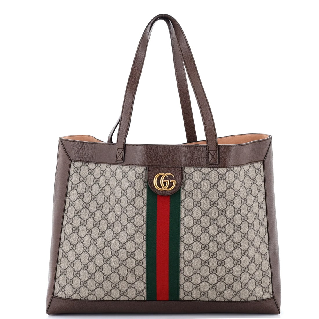 Open Tote Soft Coated Gucci GG East West Canvas: Open Tote Soft Coated Gucci GG East West Canvas Soft and stylish, the Gucci GG East West Canvas tote boasts a classic design with a canvas coated exterior in rich brown. Measuring 13" tall and 17"