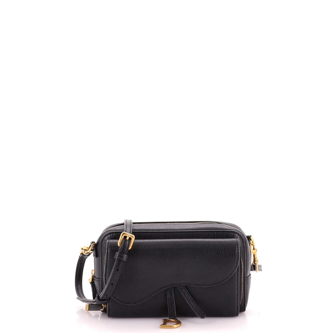 Christian Dior Leather Saddle Crossbody Double Pouch: Christian Dior Leather Saddle Crossbody Double Pouch Christian Dior's Saddle Double Crossbody Pouch boasts sleek black leather exterior with gold hardware, adding a touch of sophistication to any