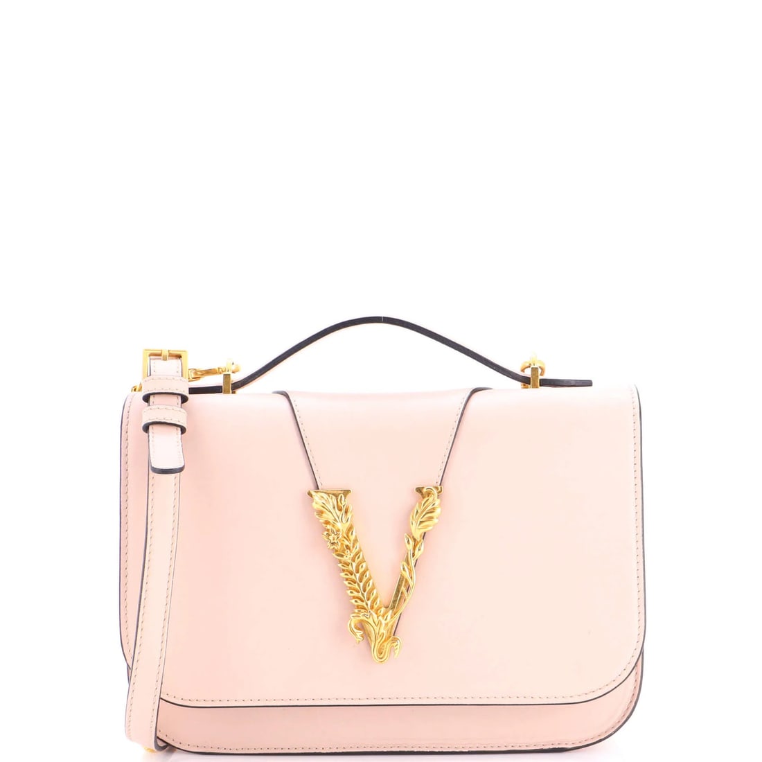 Versace Virtus Flap Shoulder Bag Leather Small: Versace Virtus Flap Shoulder Bag Leather Small The Versace Virtus Flap Shoulder Bag Leather Small boasts a striking pink exterior and sleek, structured design. Made from high-quality leather, this sma