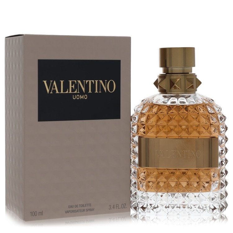 Valentino Uomo by Valentino Eau De Toilette Spray 3.4 oz: Valentino Uomo by Valentino Eau De Toilette Spray 3.4 oz Valentino Uomo by Valentino Eau De Toilette Spray combines woody and nutty accords with gourmand notes, featuring top notes of bergamot and myr