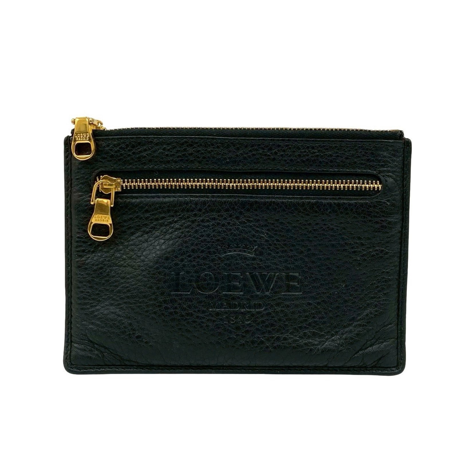 Coin Case Leather Purse Loewe: Coin Case Leather Purse Loewe Black leather coin case purse from Loewe, measuring 11.5cm x 16.5cm in size. The item features a classic design with a sleek black finish and bears a signature. This