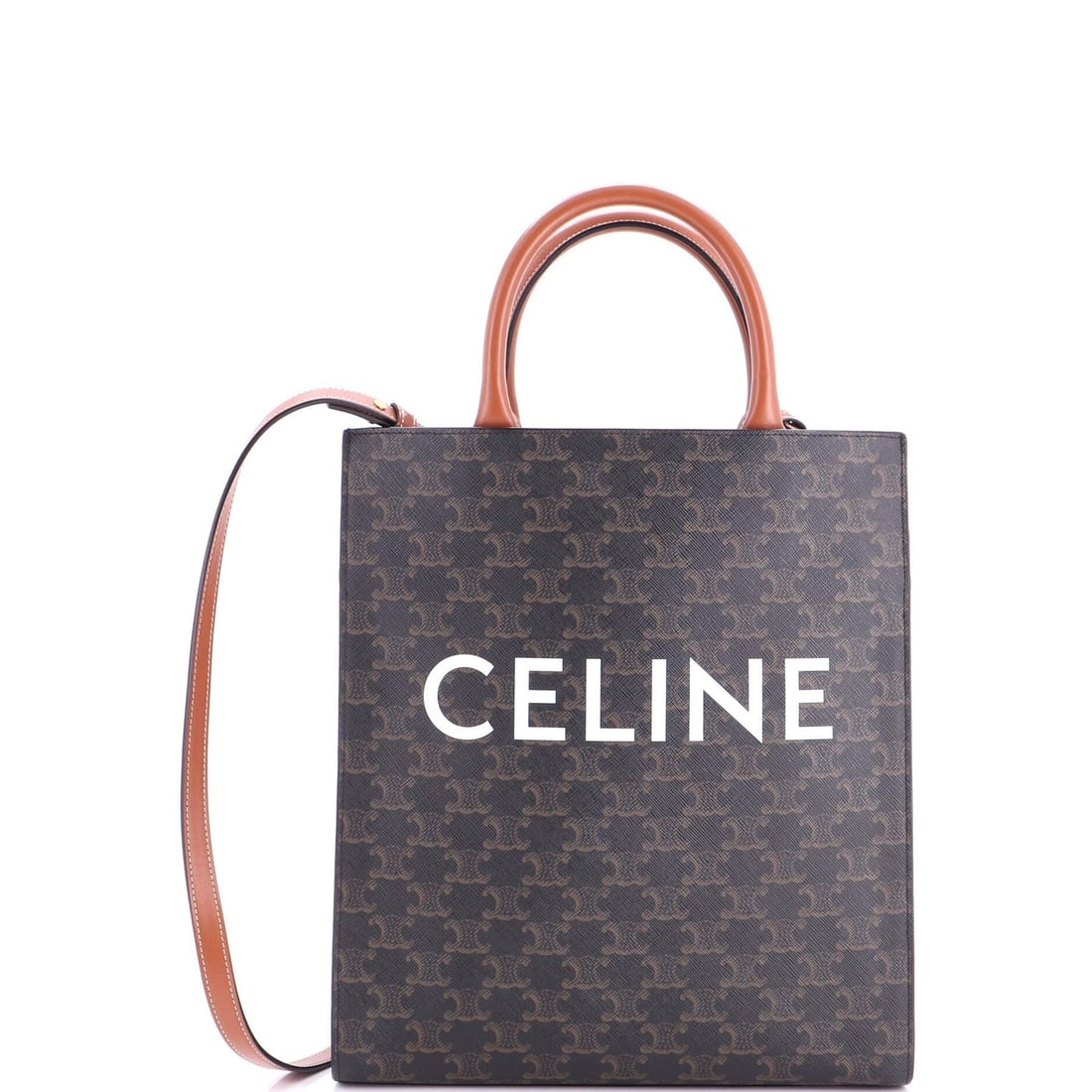Cabas Small Tote Coated Canvas Triomphe Celine Vertical: Cabas Small Tote Coated Canvas Triomphe Celine Vertical Small Brown Cabas Triomphe Tote with Coated Canvas Exterior and Gold Hardware. This vertical tote features a brown canvas exterior, gold