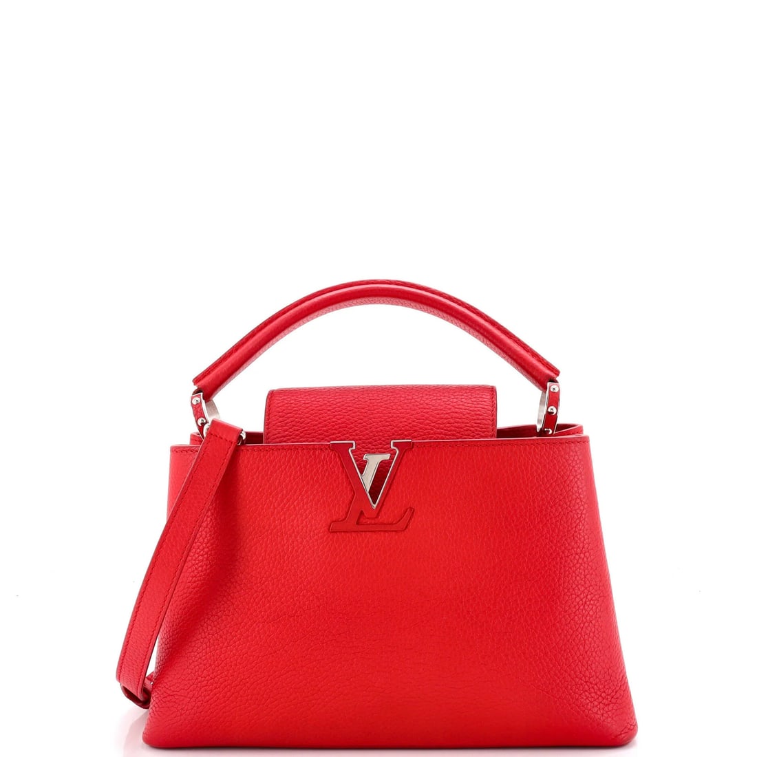 Capucines Leather Bag Louis Vuitton PM: Capucines Leather Bag Louis Vuitton PM The Louis Vuitton Capucines Leather Bag PM features a striking red exterior with leather trim, adorned with silver hardware. With its classic top handle and spac