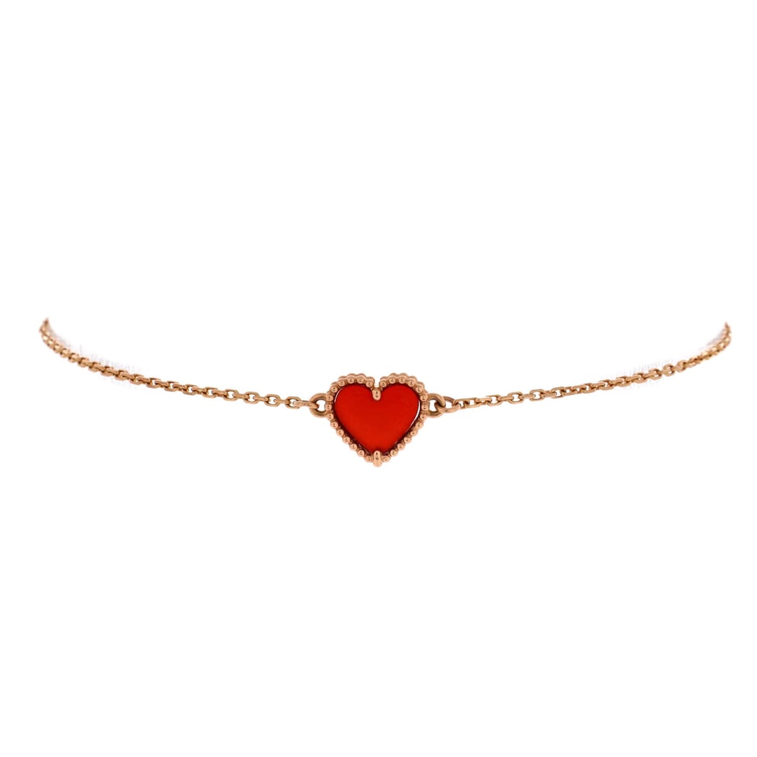 Van Cleef & Arpels Sweet Alhambra Heart Bracelet 18K Rose Gold with Carnelian: Van Cleef & Arpels Sweet Alhambra Heart Bracelet 18K Rose Gold with Carnelian 18K Rose Gold Sweet Alhambra Heart Bracelet with Carnelian. This elegant bracelet features a stunning heart-shaped design
