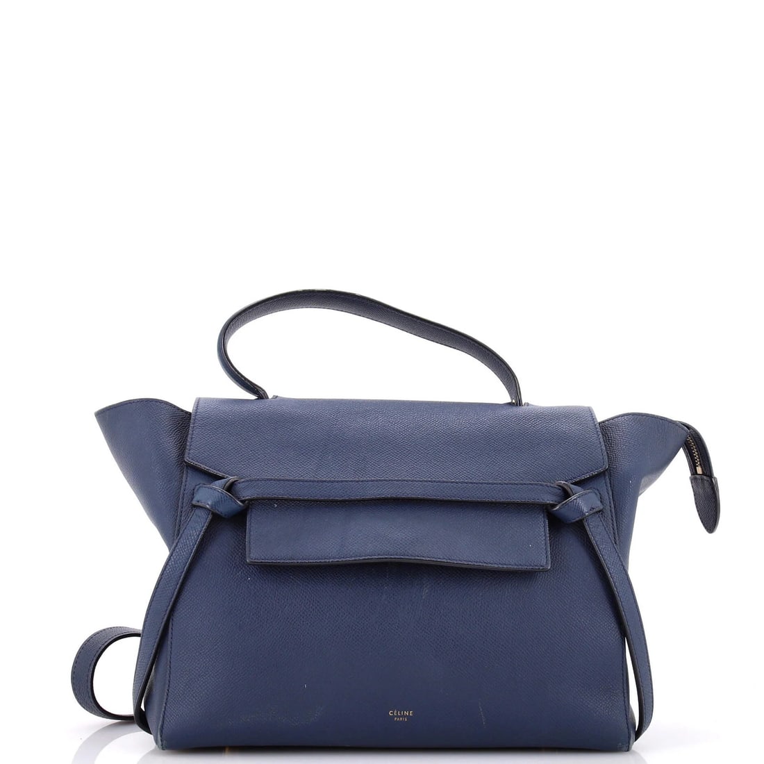 Textured Leather Mini Belt Bag Celine: Textured Leather Mini Belt Bag Celine This textured leather mini belt bag from Celine boasts a striking blue exterior with suede interior, complete with aged gold hardware. Measuring just under 11