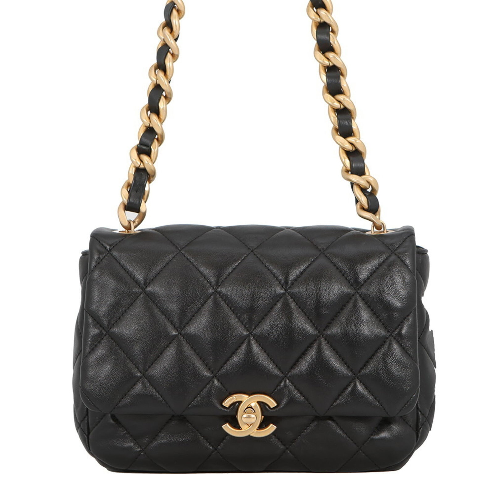 Chanel Handbag Shoulder Bag Leather: Chanel Handbag Shoulder Bag Leather Black lambskin leather Chanel shoulder bag with classic design, measuring 16cm x 21cm x 6cm. This stylish handbag features a timeless look and sleek dimensions perf