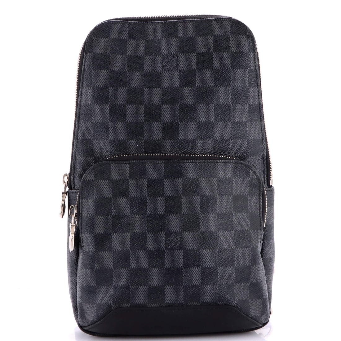 Louis Vuitton Avenue Sling Damier Graphite: Louis Vuitton Avenue Sling Damier Graphite Black Louis Vuitton Avenue Sling Bag with Damier Graphite Pattern, featuring heavy corner wear and minor scuffs on the exterior. The bag's canvas-coated exte