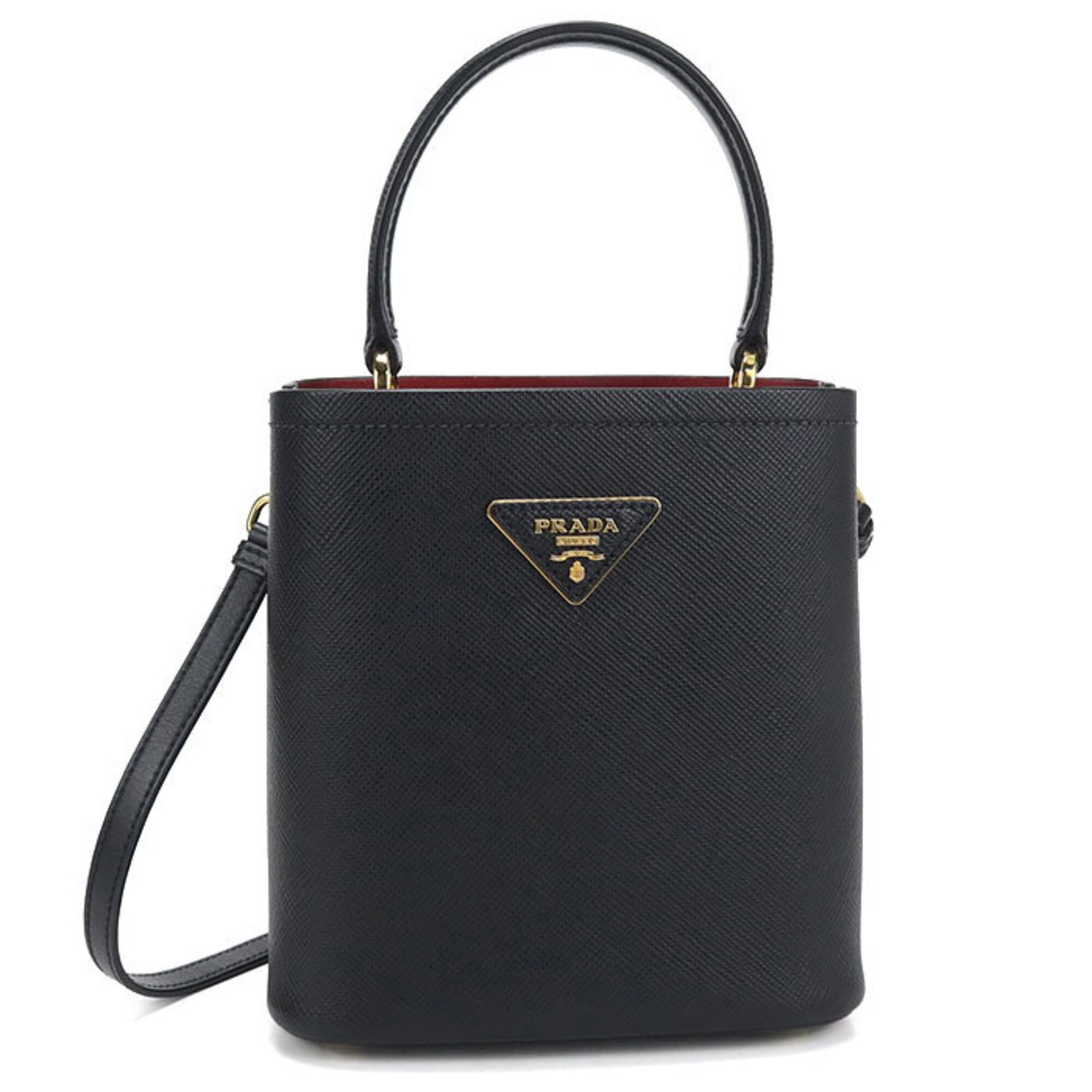 Handbag leather by Prada: Handbag leather by Prada Handbag made from high-quality Prada leather, featuring a classic black calfskin design with gold hardware. The sleek and sophisticated style measures 18cm x 17cm x 11cm,