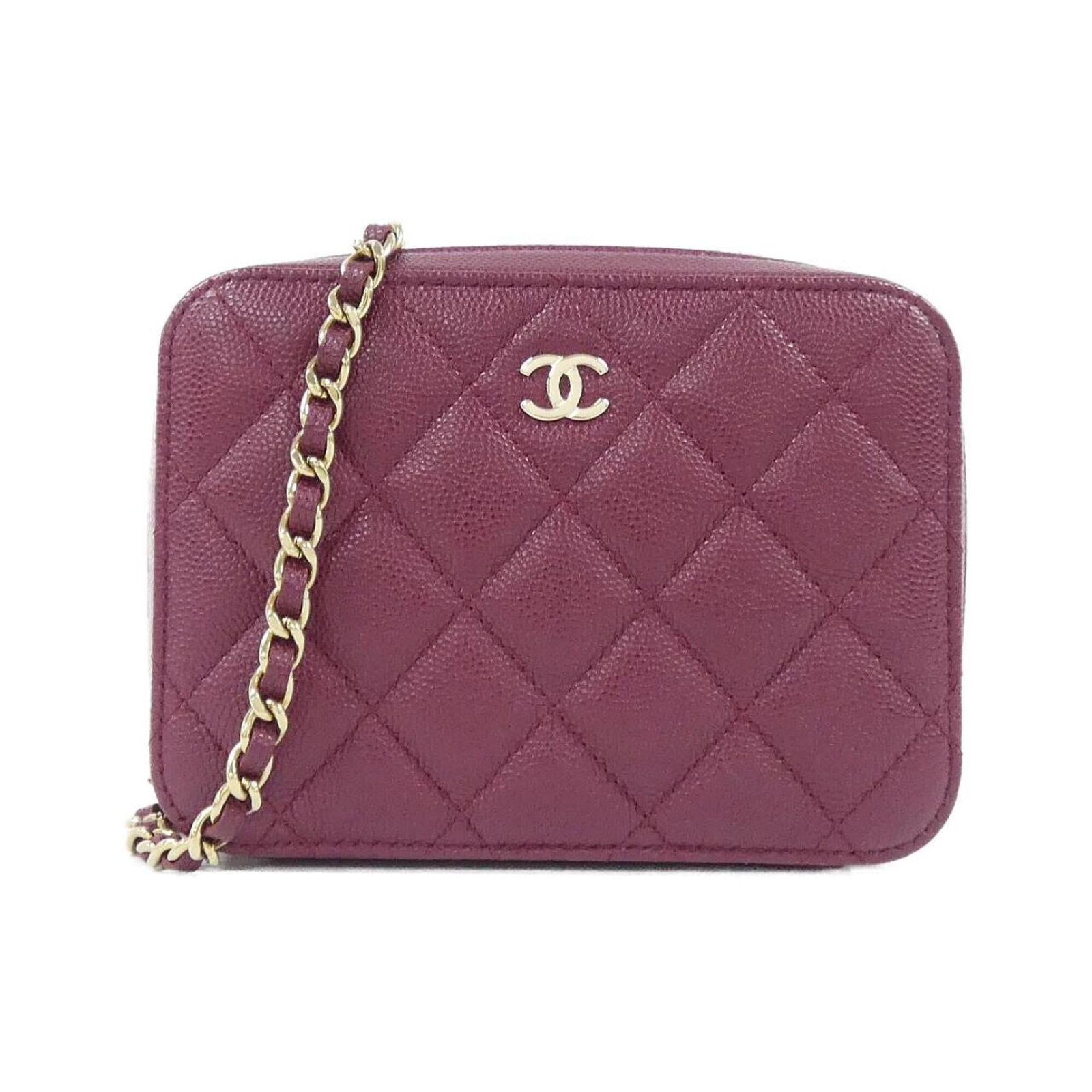 Calfskin Grained Chanel Bag: Calfskin Grained Chanel Bag Bordeaux leather adds a touch of sophistication to this classic Chanel shoulder bag, with its gold-tone hardware and precise grained calfskin construction. Measuring just