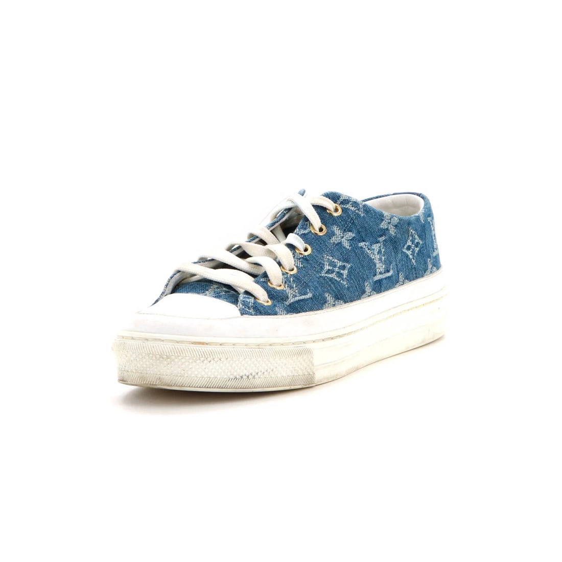 Women's Monogram Denim Stellar Louis Vuitton: Women's Monogram Denim Stellar Louis Vuitton Women's Monogram Denim Stellar Louis Vuitton sneakers in blue and white, featuring a classic monogram pattern on the upper made from denim and leather. The