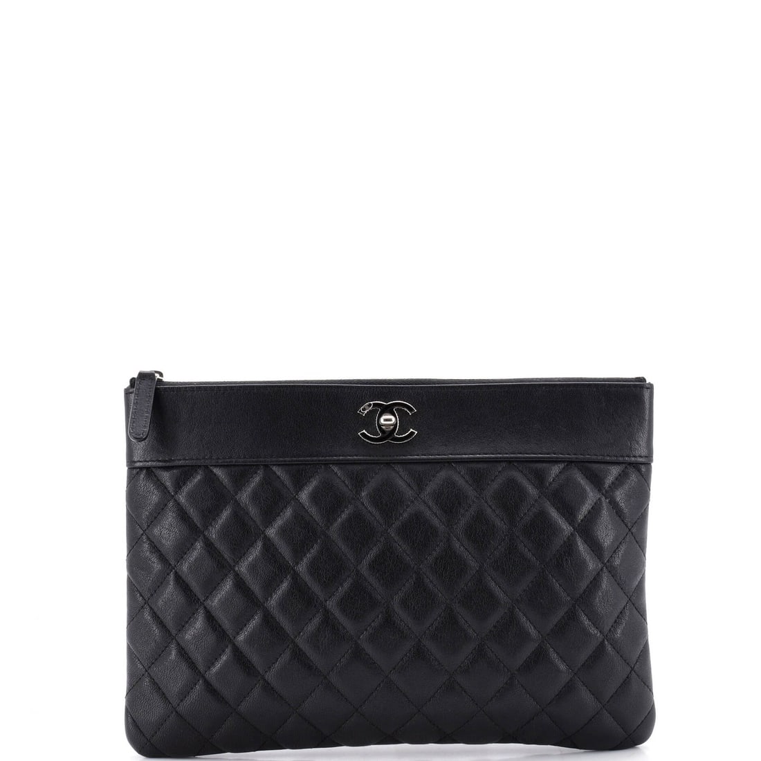 Mademoiselle Quilted Sheepskin Case Medium Chanel Vintage Clutch: Mademoiselle Quilted Sheepskin Case Medium Chanel Vintage Clutch Black leather Mademoiselle Quilted Sheepskin Medium Chanel Vintage Clutch with silver hardware, featuring minor scuffs and edge wear. T