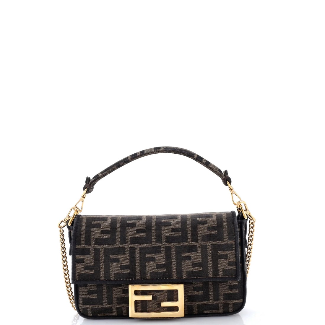 Baguette Fendi Mini Zucca Canvas Bag NM: Baguette Fendi Mini Zucca Canvas Bag NM Baguette Fendi Mini Zucca Canvas Bag in Brown, featuring a classic cross body design with extra strap for added convenience. This mini bag boasts clean lines