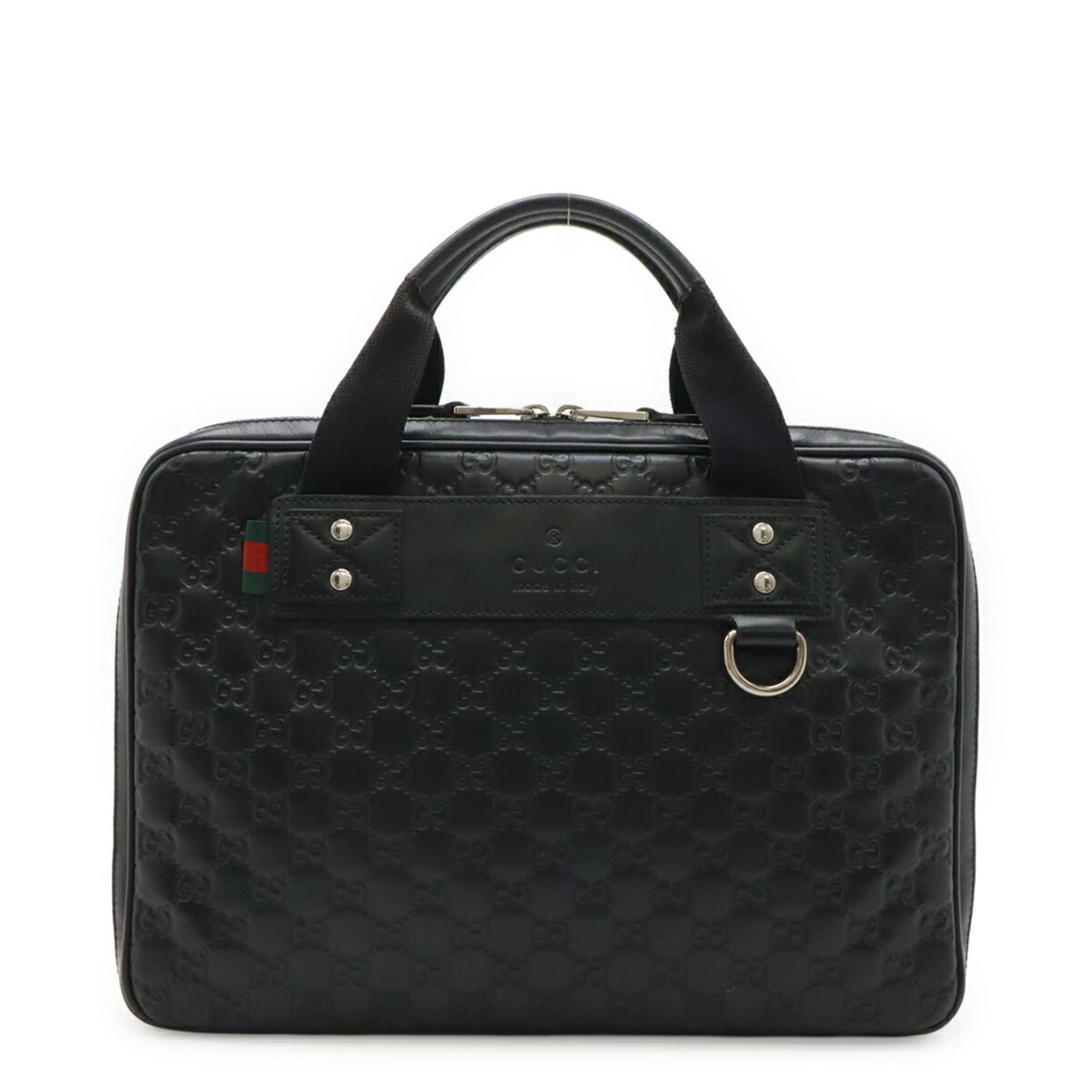 Gucci Laptop Bag Rubber Leather: Gucci Laptop Bag Rubber Leather This Gucci Laptop Bag features a unique combination of rubber and leather materials, with a sleek black color. The bag measures 24.5cm x 34cm x 4cm and weighs 660g,