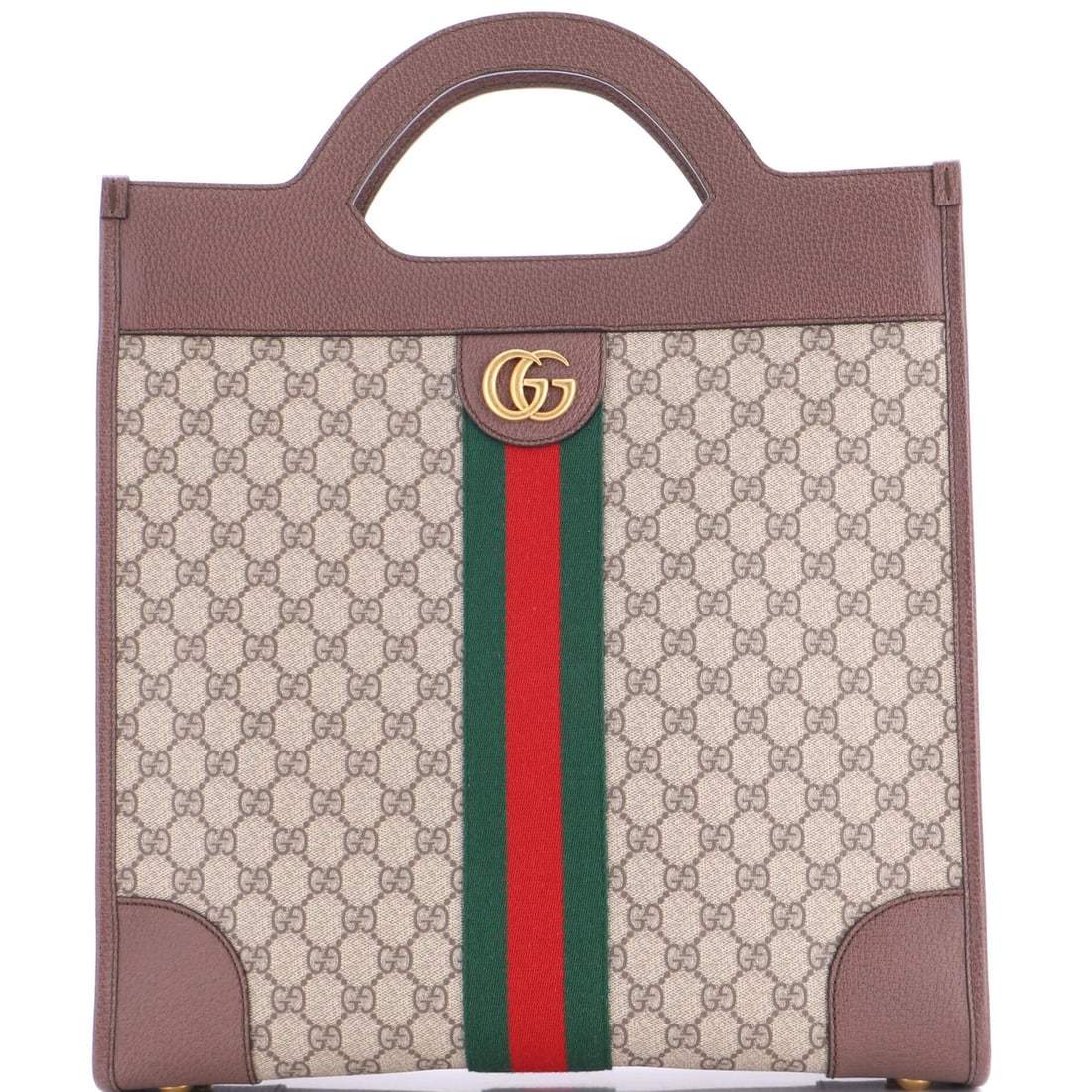 Gucci GG Coated Large Canvas Bag with Leather Cut Out Handle Ophidia: Gucci GG Coated Large Canvas Bag with Leather Cut Out Handle Ophidia Brown Gucci GG Coated Large Canvas Bag with Leather Cut Out Handle, featuring iconic GG pattern and top handle design. This