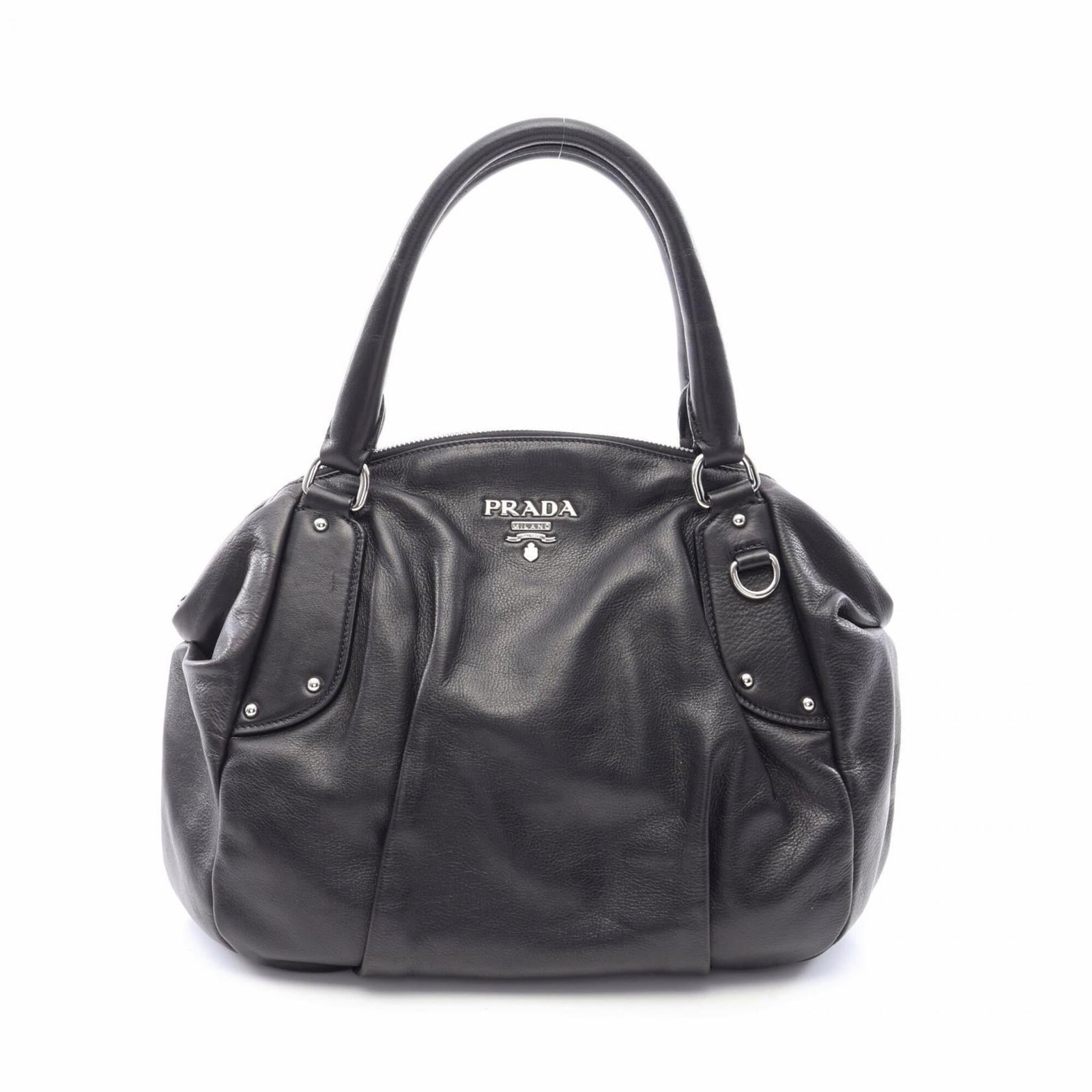 Handbag leather by Prada: Handbag leather by Prada Black Prada leather handbag with a signature, measuring 25cm x 30cm x 12cm and featuring a 41cm long handle. The bag's sleek design and premium leather make it a stylish