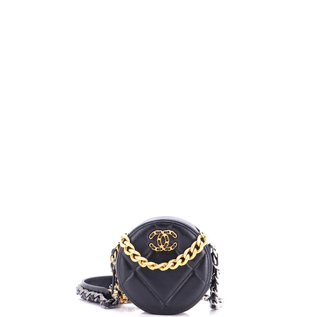 Round Quilted Chain Leather Clutch Chanel 19: Round Quilted Chain Leather Clutch Chanel 19 The Round Quilted Chain Leather Clutch Chanel 19 boasts a striking black exterior with quilted chain detailing, adding an edgy touch to its classic design.