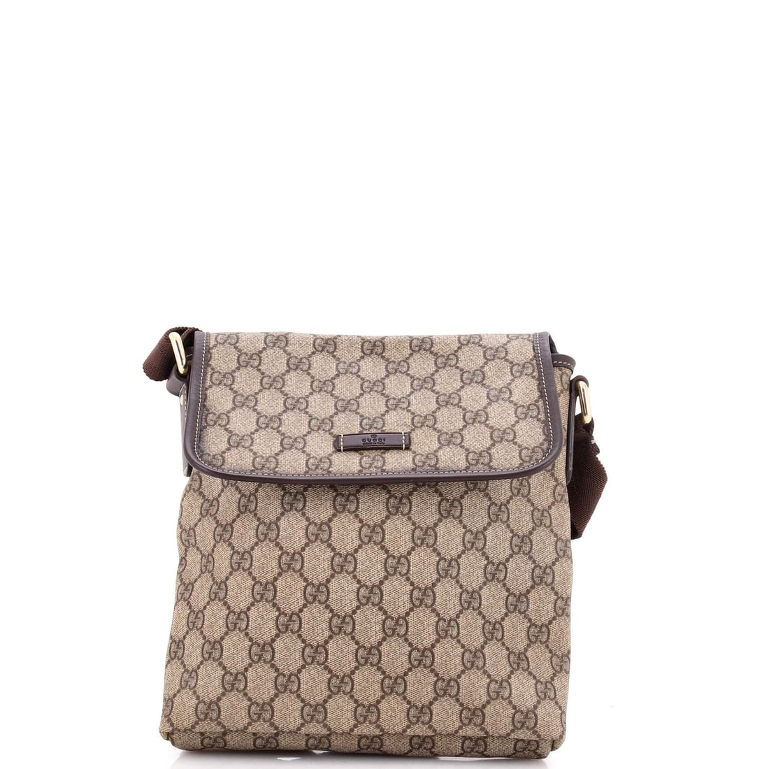 Gucci small coated canvas messenger flap gg: Gucci small coated canvas messenger flap gg Small Gucci cross body messenger bag with coated canvas exterior in brown, featuring gold tone hardware and interior lining. The bag has minor