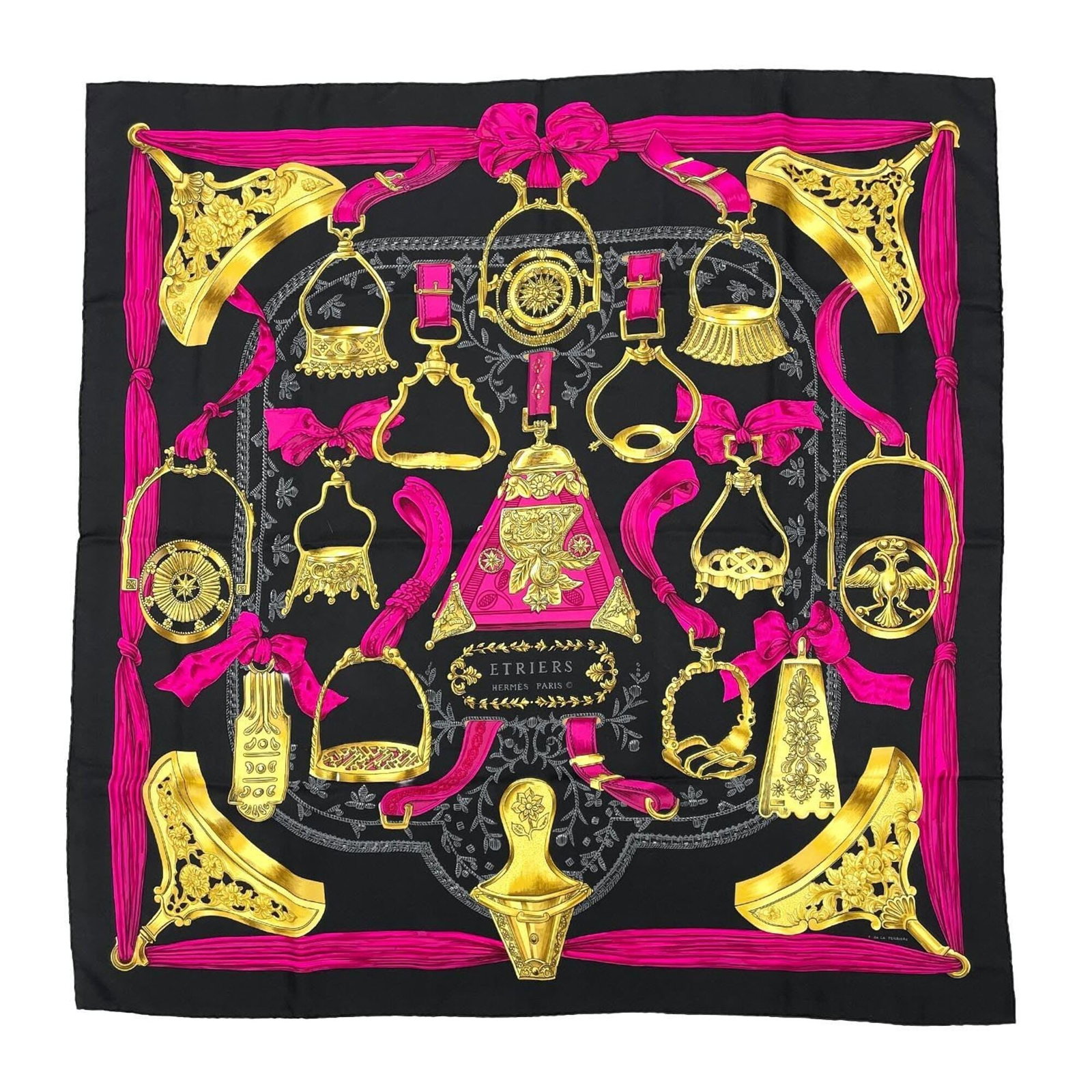 Hermes Silk Scarf: Hermes Silk Scarf Item Specifics: Brand: Hermes Type: Scarf Gender: Women Color: Black, Pink Material: Silk Size (LxW): 87cm x 87cm / 34.25'' x 34.25'' Product Disclaimer: Minor wear from age or
