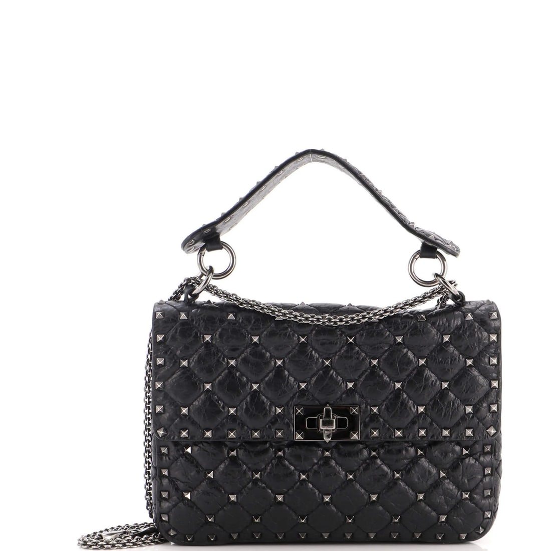 Garavani Valentino Crystal Embellished Quilted Leather Bag Spike Flap Rockstud: Garavani Valentino Crystal Embellished Quilted Leather Bag Spike Flap Rockstud Black Rockstud Spike Flap Bag with Crystal Embellishments and Quilted Leather Exterior, featuring a medium size and