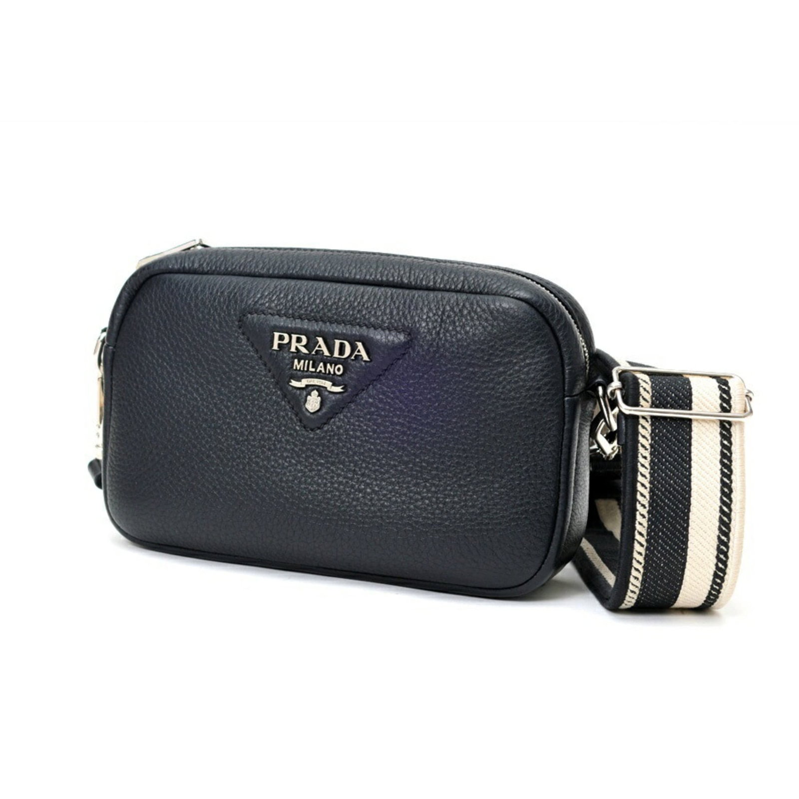 Shoulder Bag Leather by Prada: Shoulder Bag Leather by Prada This Prada leather shoulder bag features black leather construction, measuring 13cm x 20cm x 5.5cm and with a strap length of 118cm. The bag's sleek design makes it a ver