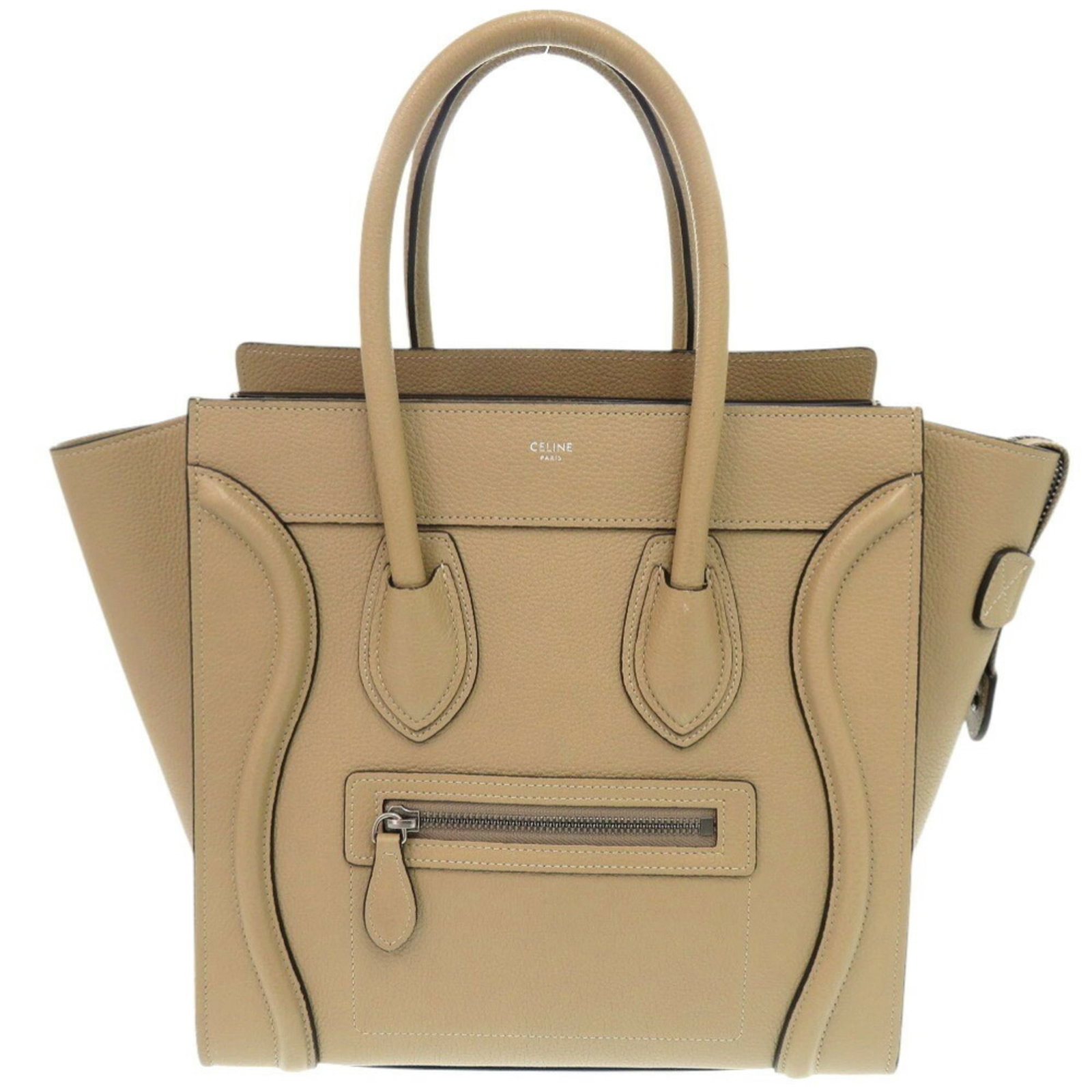 Handbag Celine Leather: Handbag Celine Leather This Celine leather handbag features a classic beige color and measures 25.5cm x 26.5cm x 14cm, making it a stylish and compact accessory. The bag comes with a dust bag for adde