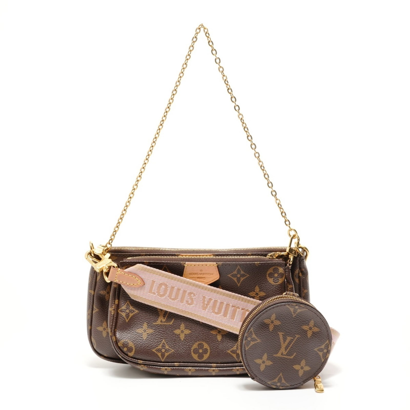Louis Vuitton Monogram Pochette Shoulder Bag: Louis Vuitton Monogram Pochette Shoulder Bag The Louis Vuitton Monogram Pochette Shoulder Bag boasts its iconic monogram pattern in rich brown, adding a touch of timeless elegance to any outfit. With