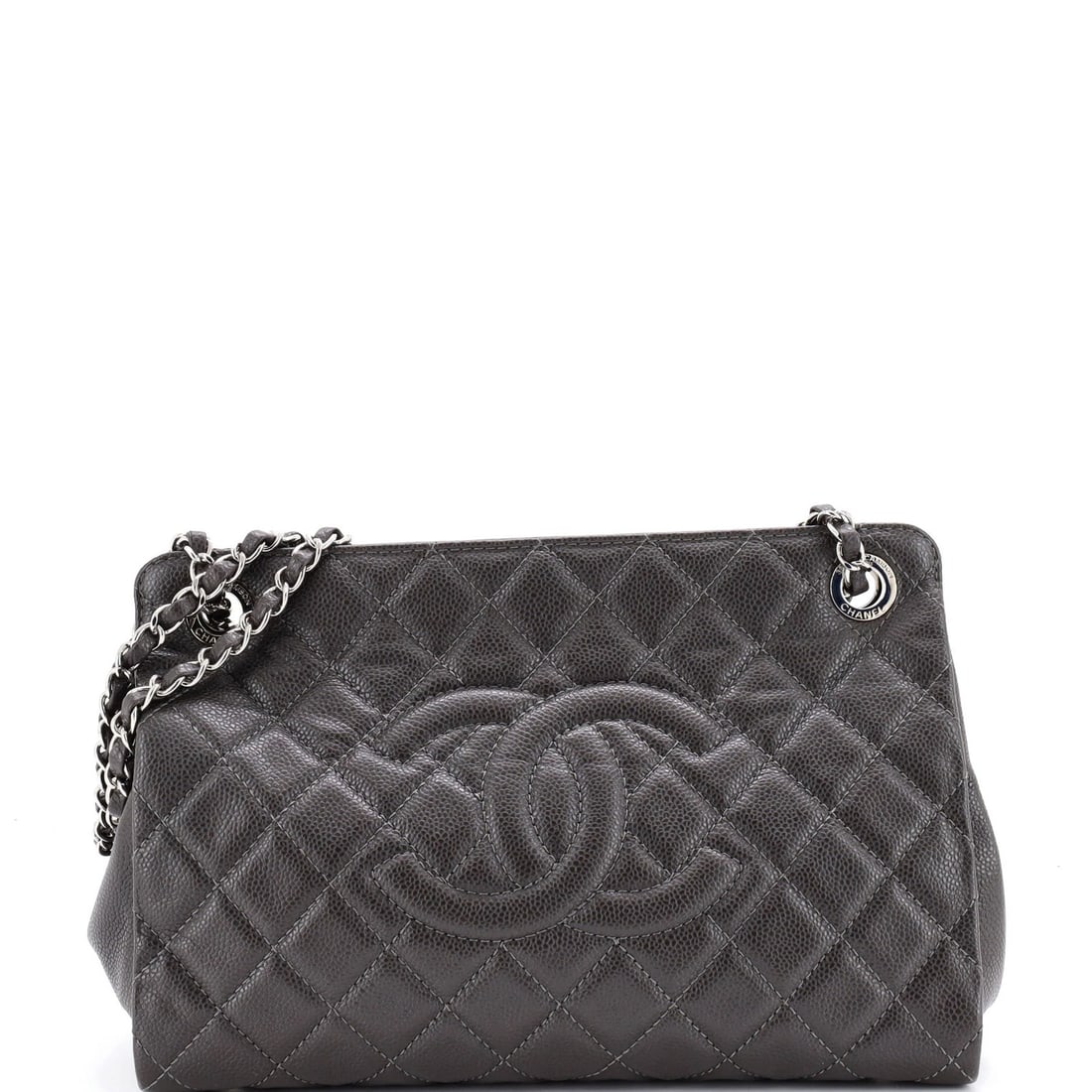 Timeless CC Frame Caviar Quilted Tote Medium Chanel: Timeless CC Frame Caviar Quilted Tote Medium Chanel Timeless CC Frame Caviar Quilted Tote Medium Chanel boasts a sleek, gray leather exterior with subtle scuffs and minor creases. The quilted caviar