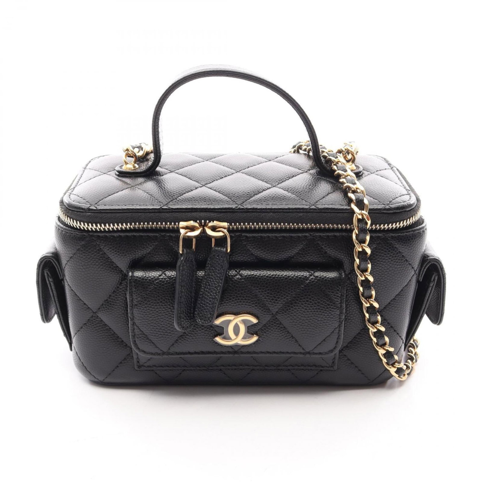 Calfskin Grained Chanel Handbag Shoulder Bag Vanity: Calfskin Grained Chanel Handbag Shoulder Bag Vanity Calfskin Grained Chanel Handbag Shoulder Bag Vanity bears a signature. Made from high-quality grained calfskin, this black vanity bag features gold