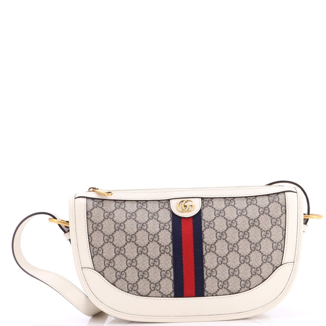Gucci Ophidia Curved Zip Shoulder Bag GG Coated Canvas with Leather Large: Gucci Ophidia Curved Zip Shoulder Bag GG Coated Canvas with Leather Large White GG Coated Canvas and Leather Large Gucci Ophidia Curved Zip Shoulder Bag with 18-20" Strap Drop, featuring a cross body 