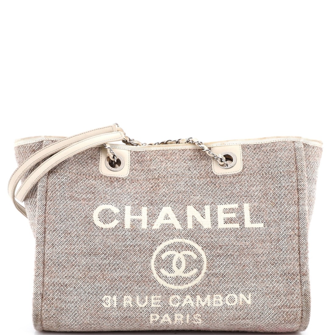 Tweed small tote Chanel Deauville: Tweed small tote Chanel Deauville Tweed small tote in neutral color, featuring the iconic Deauville style from Chanel. This small tote boasts a classic design with a tweed exterior and neutral