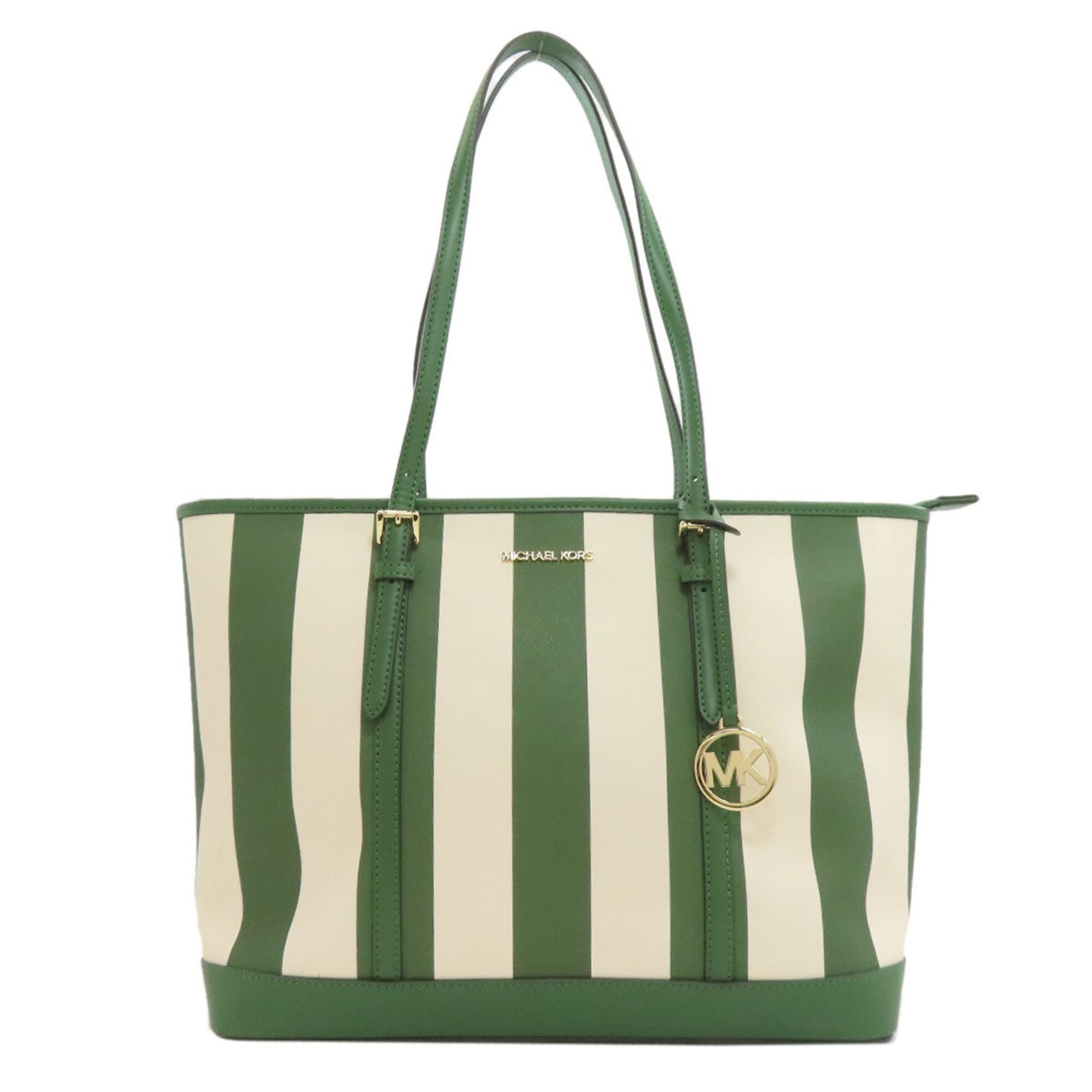 Kors Tote Pvc Michael: Kors Tote Pvc Michael The Michael Kors PVC Tote Bag features a striking green color and a sleek, structured design. Made from high-quality PVC material, it boasts a compact size with dimensions of