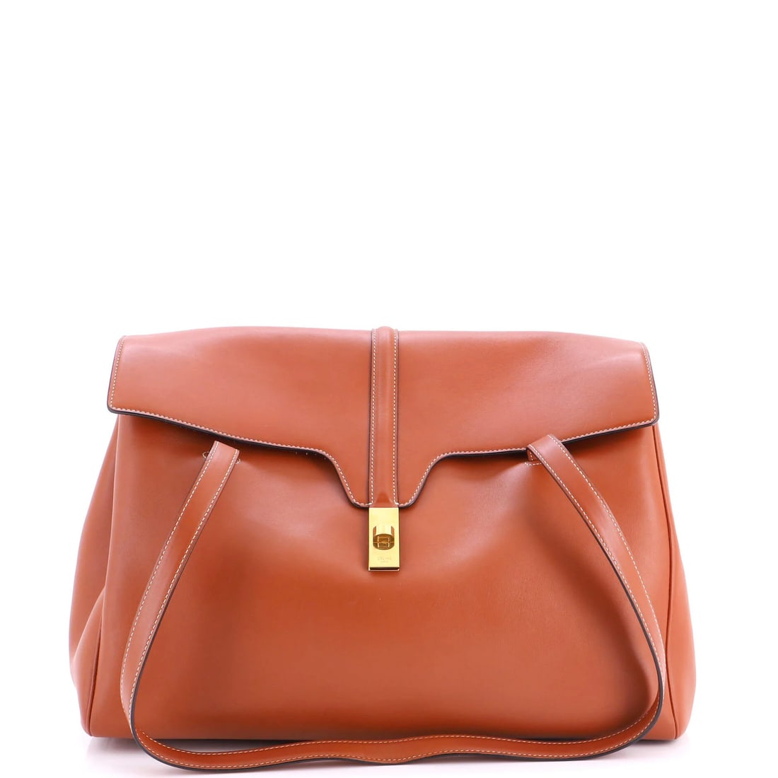 Calfskin bag smooth soft large celine: Calfskin bag smooth soft large celine Soft and supple, this large Celine bag boasts a smooth, calfskin exterior in rich brown. Measuring 15" wide and 10" tall, it features gold hardware and
