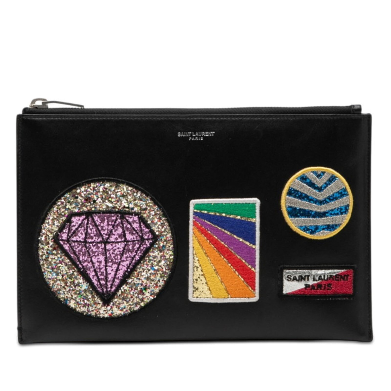 Laurent Saint Leather Clutch Bag: Laurent Saint Leather Clutch Bag The Laurent Saint Leather Clutch Bag features a sleek black design with multi-color accents, showcasing the brand's signature style. Measuring 16cm x 25cm x 2cm, this 