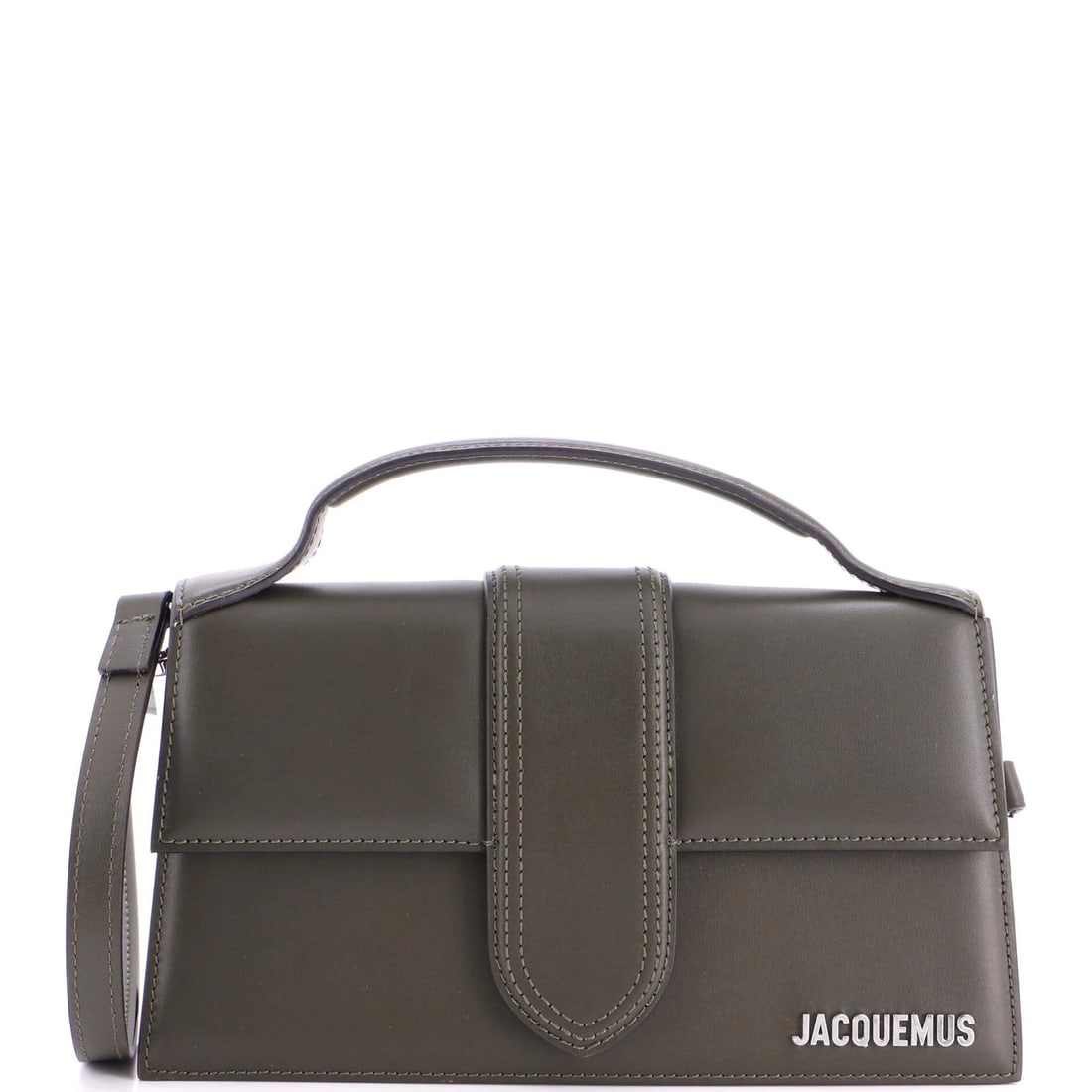 Leather flap bag bambino grand by Jacquemus: Leather flap bag bambino grand by Jacquemus Green leather cross body bag with flap closure, measuring approximately 4.5" tall and 9.5" wide, featuring silver hardware and a neutral interior. The