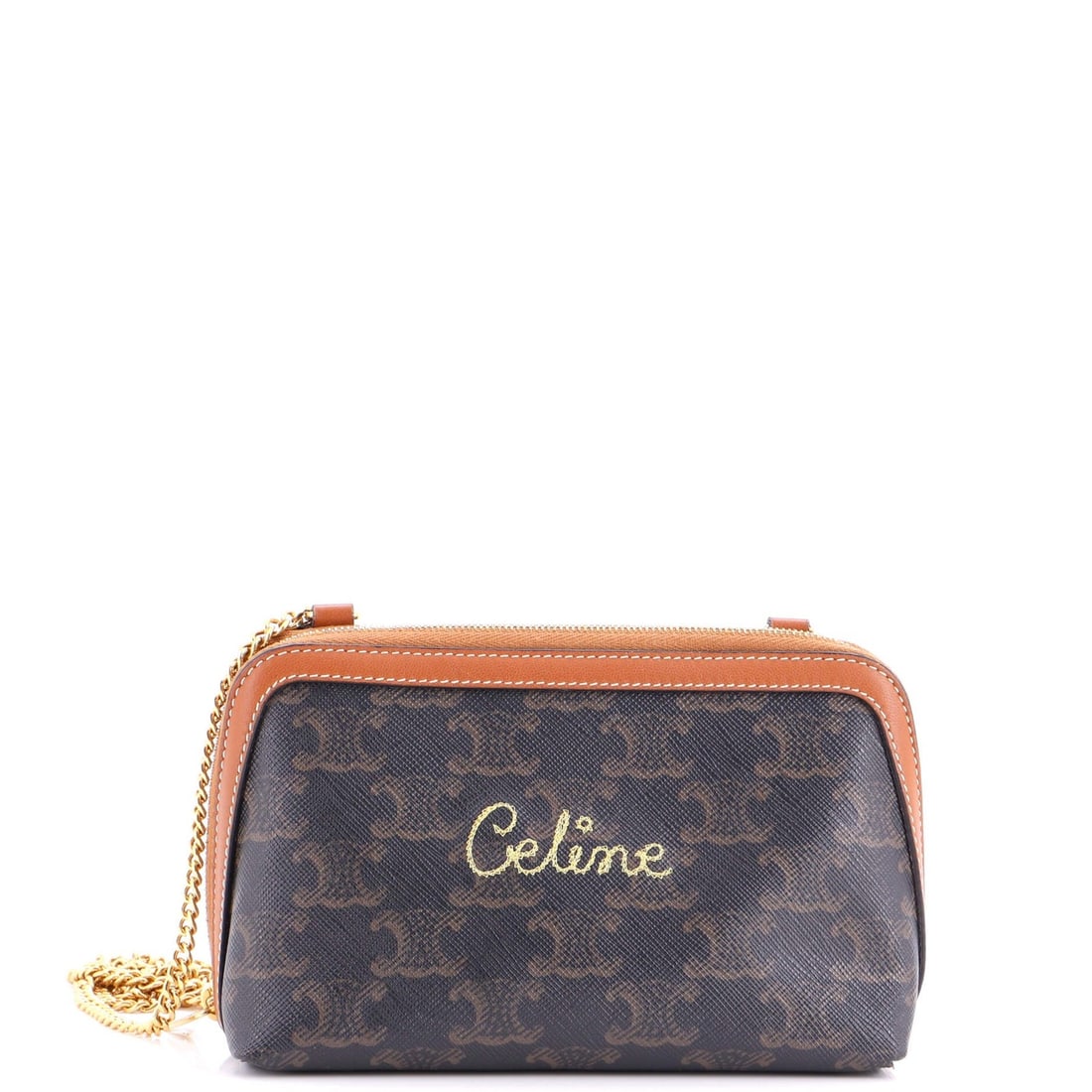 Triomphe Embroidered Coated Zip Around Chain Clutch Celine: Triomphe Embroidered Coated Zip Around Chain Clutch Celine The Triomphe Embroidered Coated Zip Around Chain Clutch Celine features a unique combination of canvas coated leather and gold hardware,