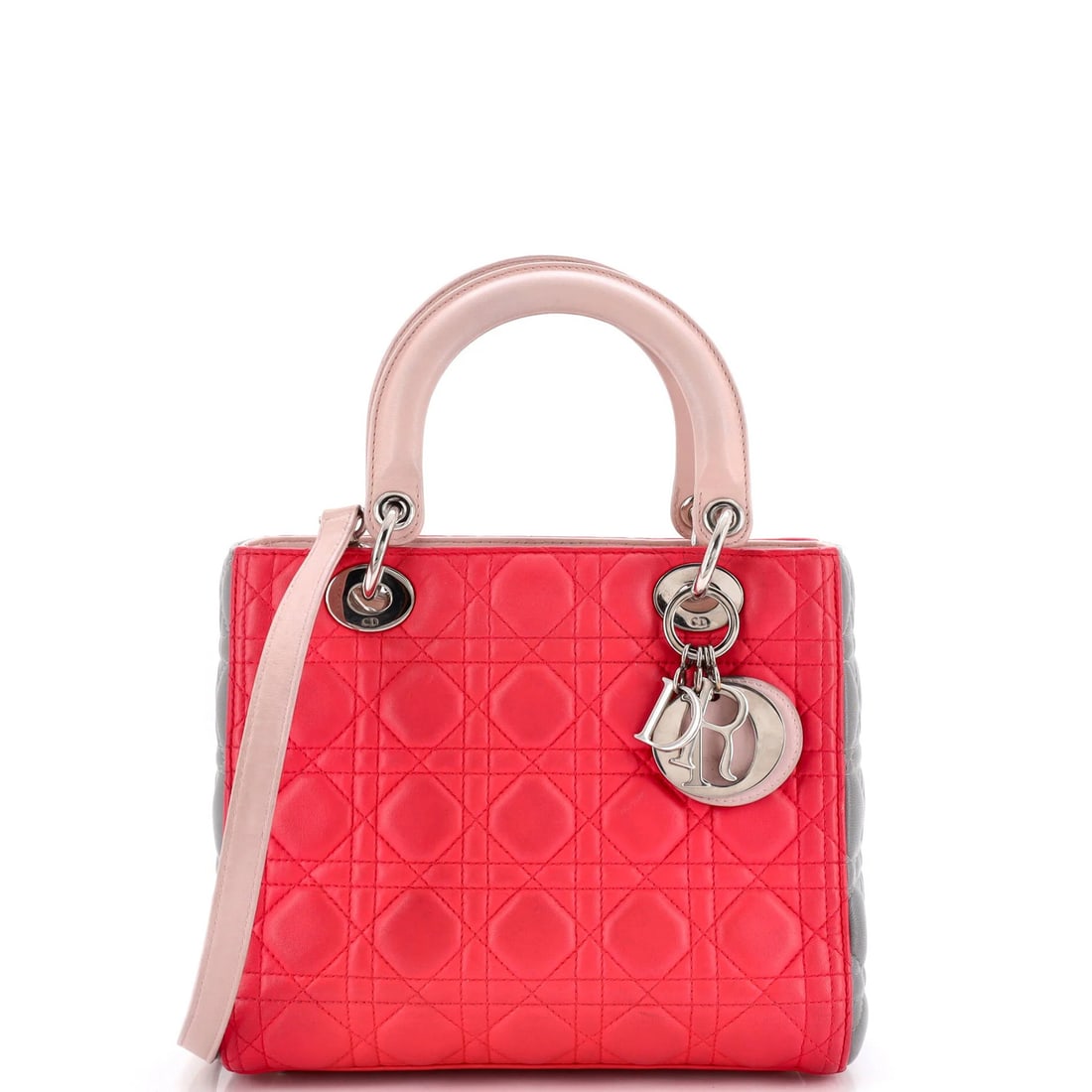 Christian Dior Lady Dior Tricolor Bag Cannage Quilt Leather Medium: Christian Dior Lady Dior Tricolor Bag Cannage Quilt Leather Medium The Christian Dior Lady Dior Tricolor Bag Cannage Quilt Leather Medium boasts a striking exterior with its unique gray, pink, and