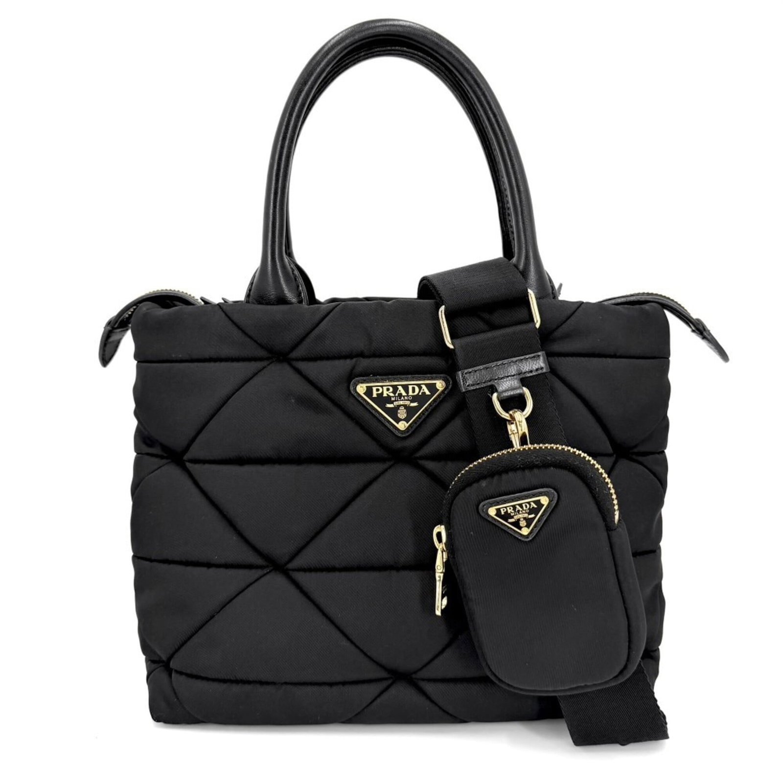 Nylon shoulder bag pouch handbag tote Prada: Nylon shoulder bag pouch handbag tote Prada Nylon shoulder bag pouch handbag tote Prada features a sleek black design with precise measurements, standing at 20cm x 23cm x 13.5cm. The nylon material pr