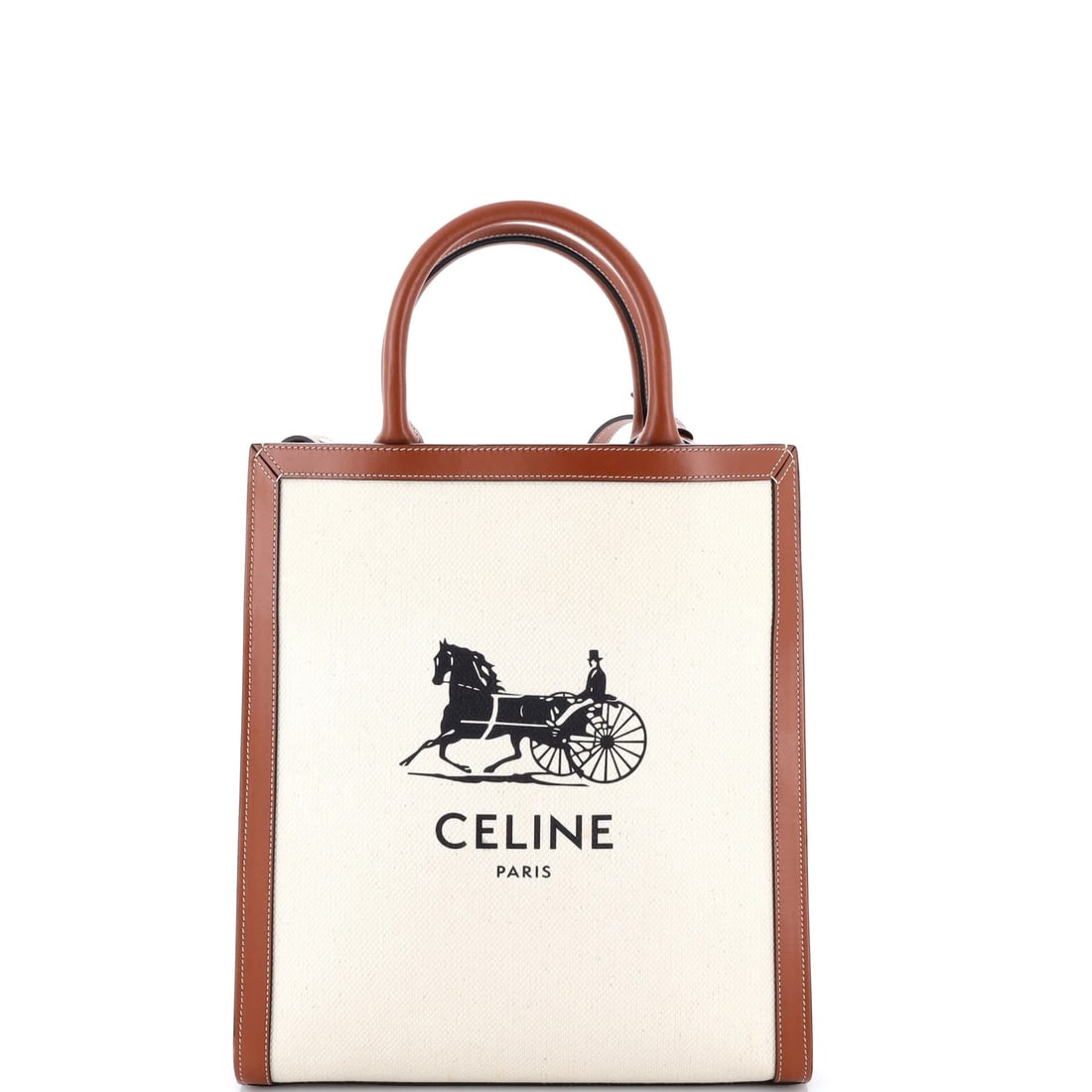 Celine Sulky Vertical Cabas Tote Canvas with Leather Small: Celine Sulky Vertical Cabas Tote Canvas with Leather Small Small Celine Sulky Vertical Cabas Tote in Neutral Brown Canvas with Leather Details, featuring minor scuffs and creases on exterior and