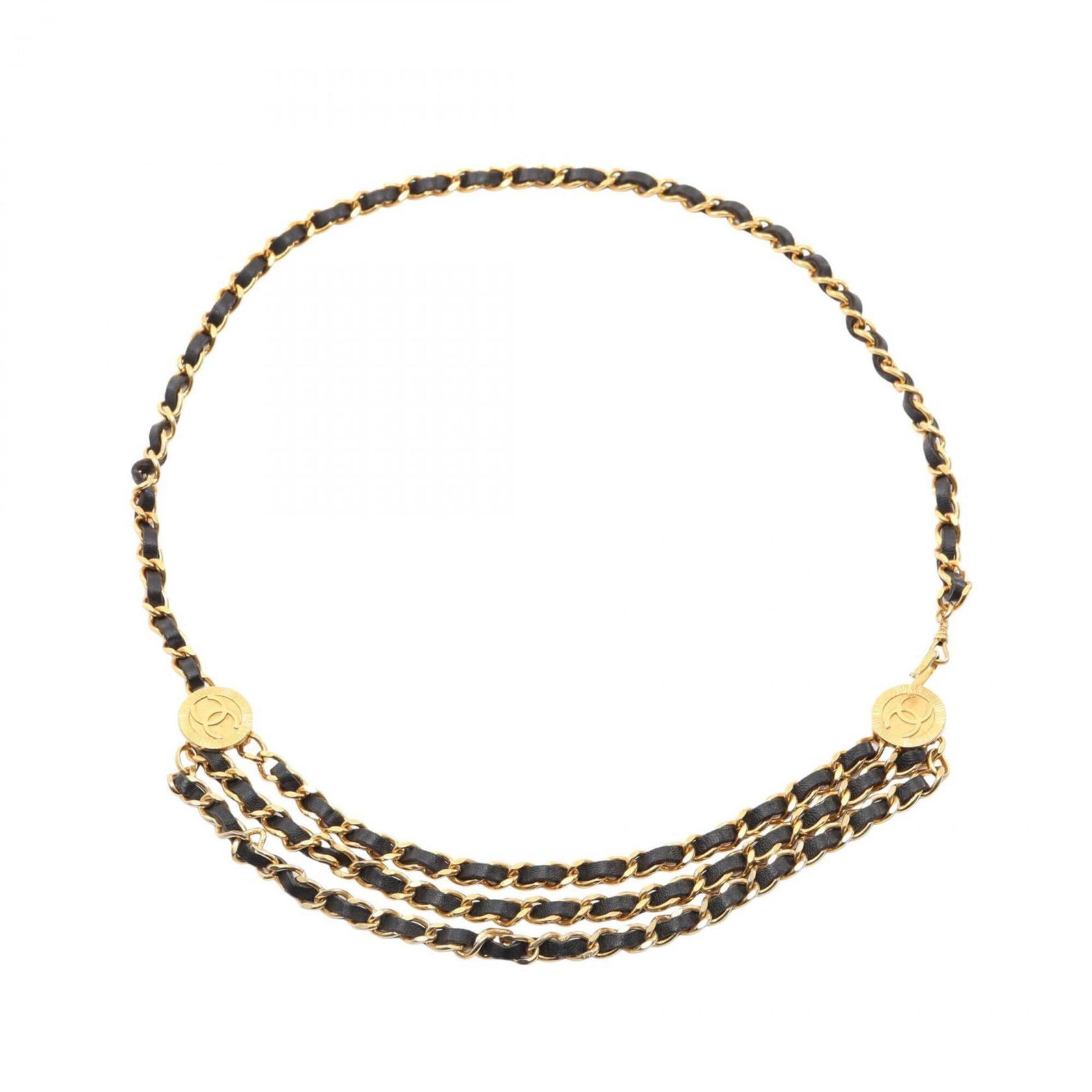 Chain Belt by Chanel: Chain Belt by Chanel Chain belt by Chanel, a sleek and sophisticated accessory in black leather with gold accents, measuring 91cm in length. This classic design showcases the brand's signature style a