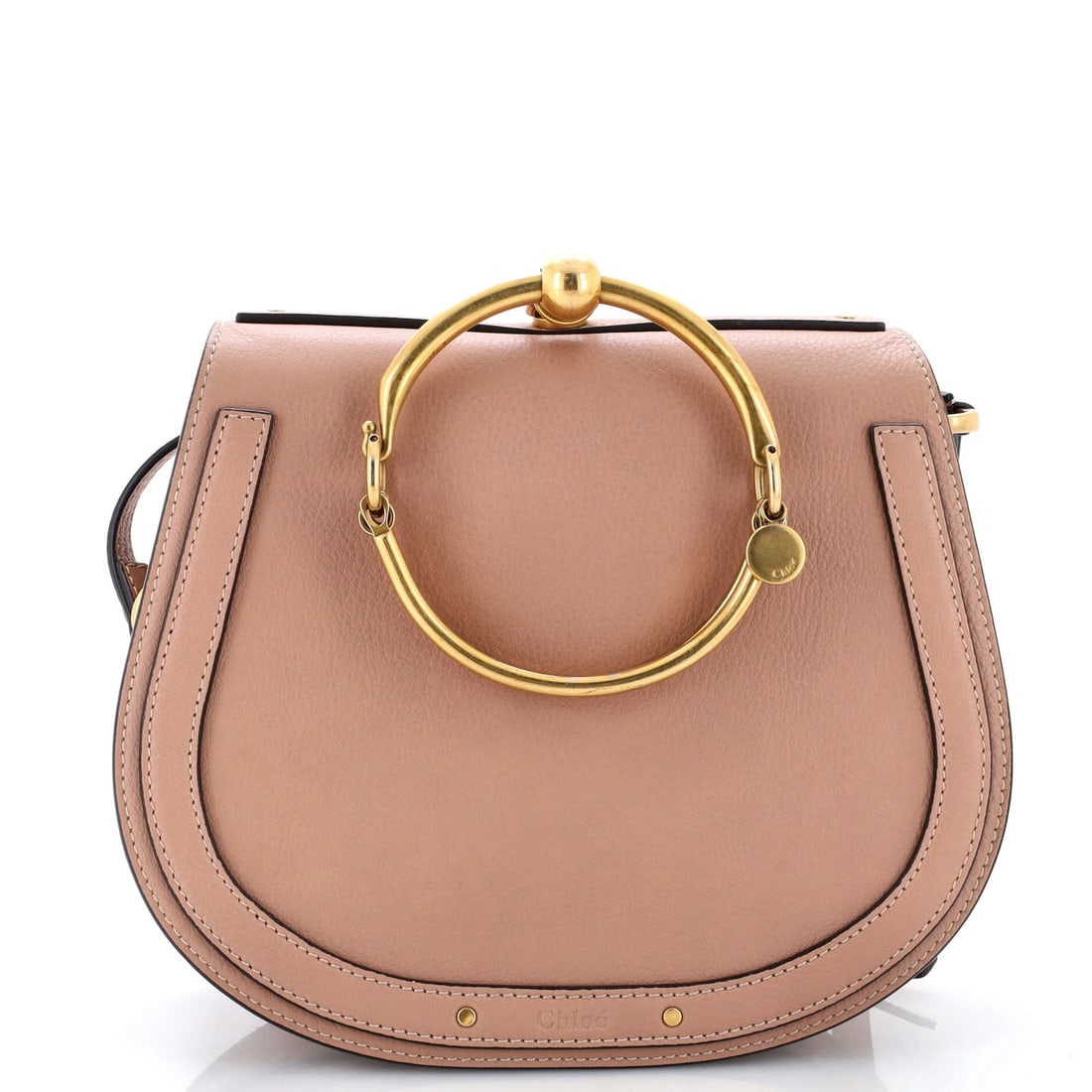 Nile Crossbody Bag Leather Medium Chloe: Nile Crossbody Bag Leather Medium Chloe Medium-sized leather crossbody bag with neutral exterior and suede interior, featuring gold hardware. Measuring 8" high x 9.5" wide x 3" deep, it has a handle
