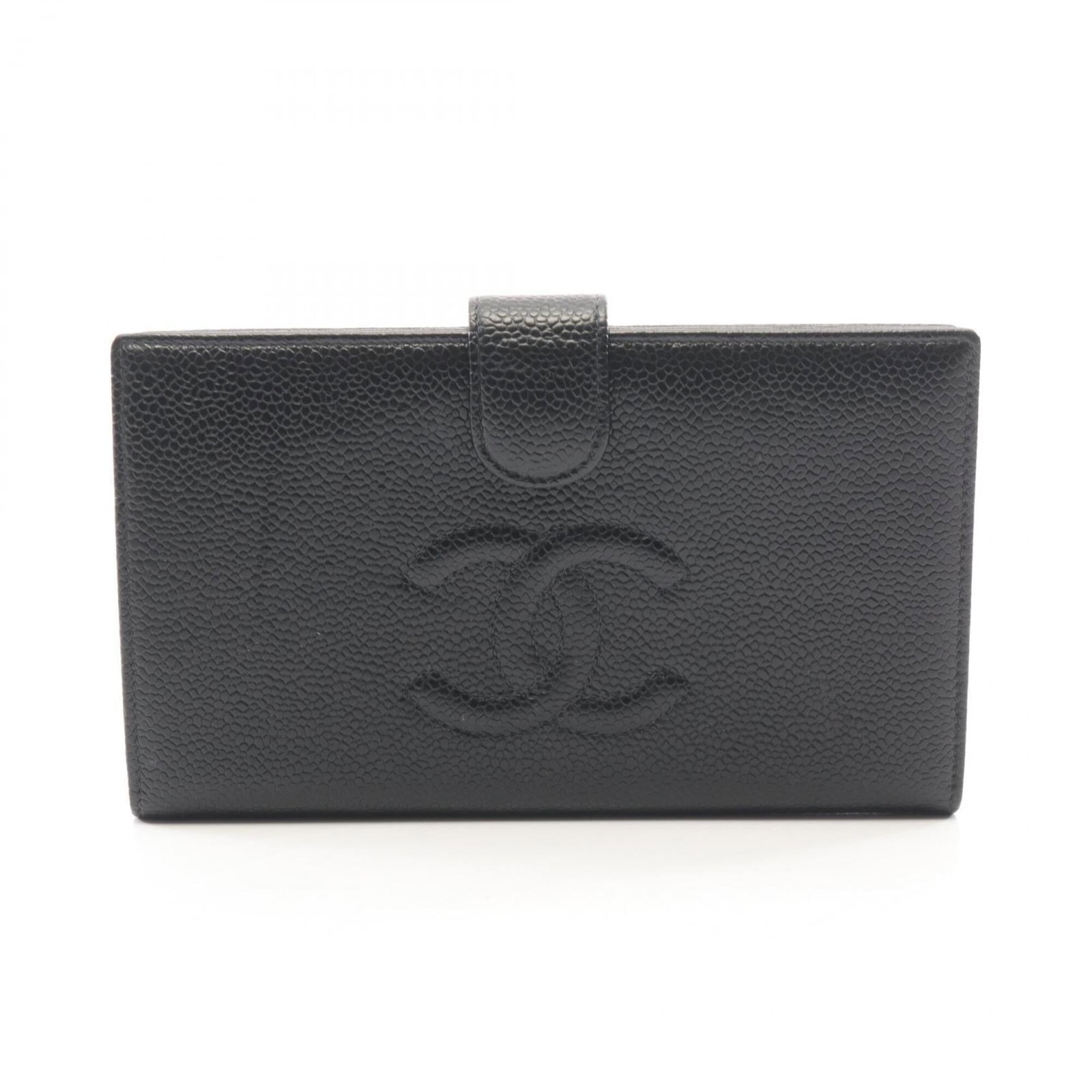 Calfskin long bi-fold wallet from Chanel: Calfskin long bi-fold wallet from Chanel Calfskin long bi-fold wallet from Chanel features a classic design with a black finish. Made from high-quality grained calfskin, the sleek and sophisticated
